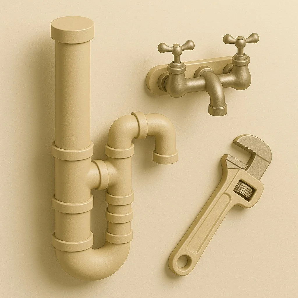 3D illustration of beige plumbing pipes, a double-handle faucet, and an adjustable wrench.