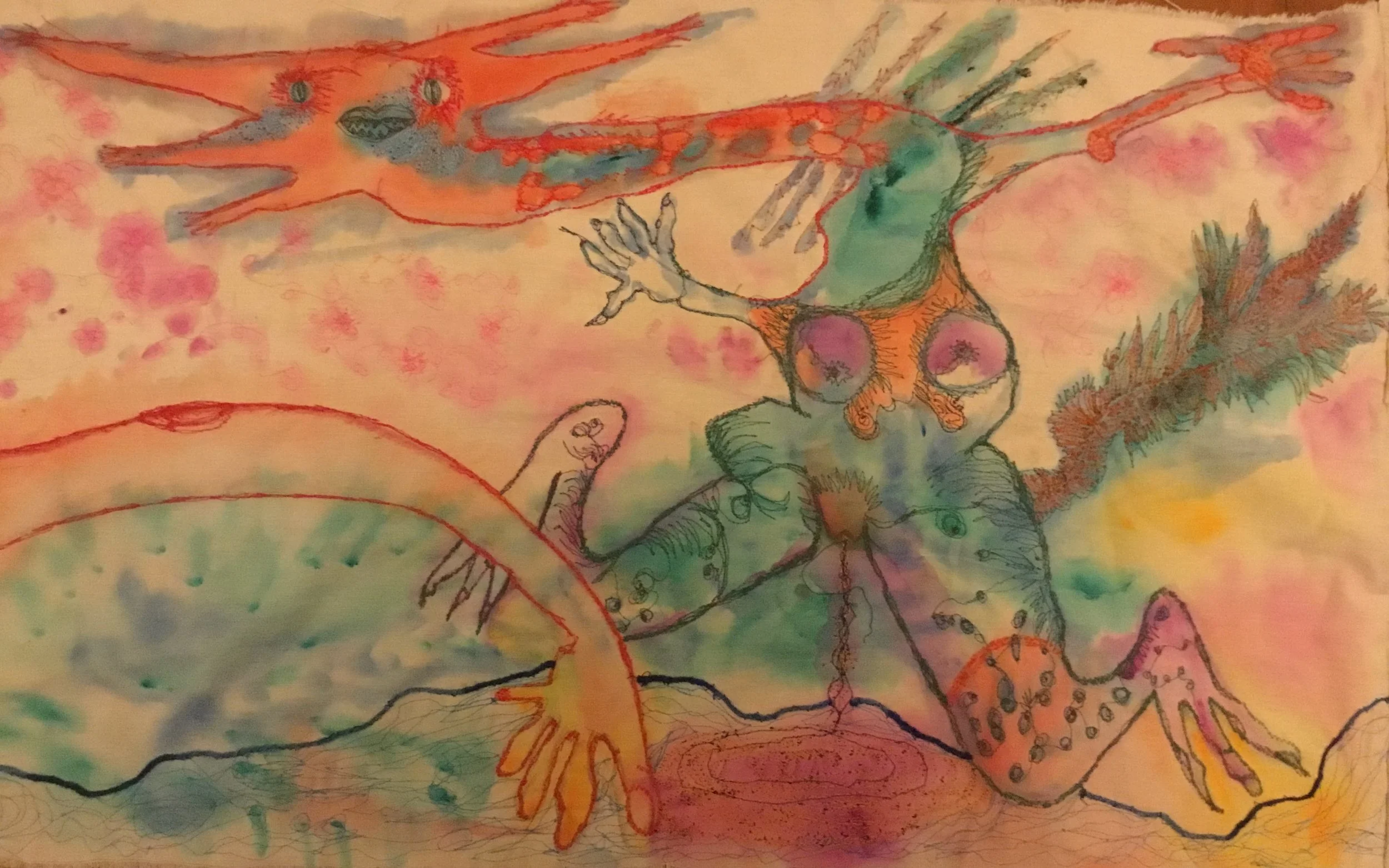Bathing Nudes (detail), machine embroidery and watercolour on fabric.