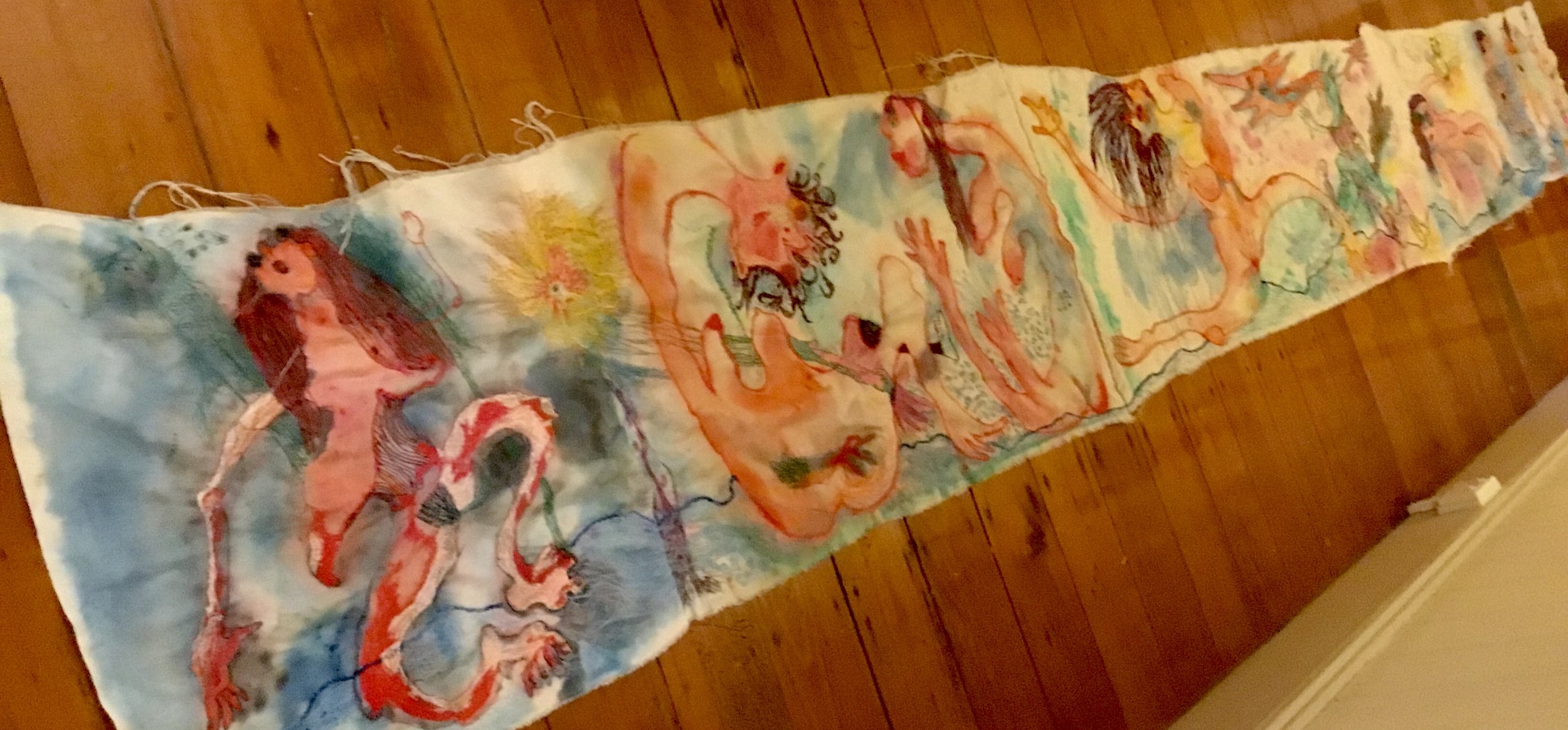 Bathing Nudes, Free machine embroidery and watercolour on fabric, 4500x55cm