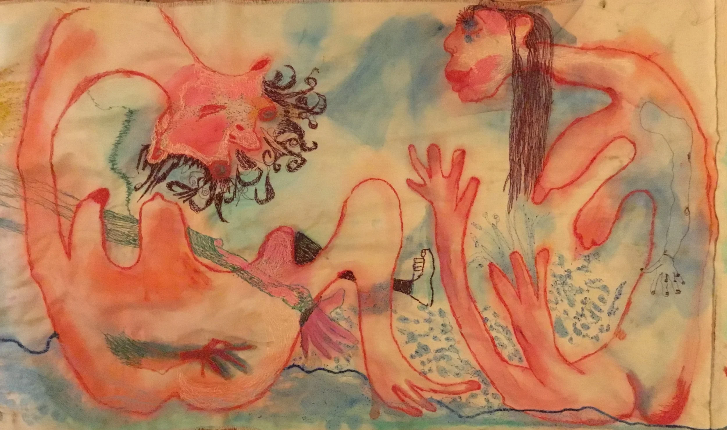 Bathing Nudes (detail), machine embroidery and watercolour on fabric.