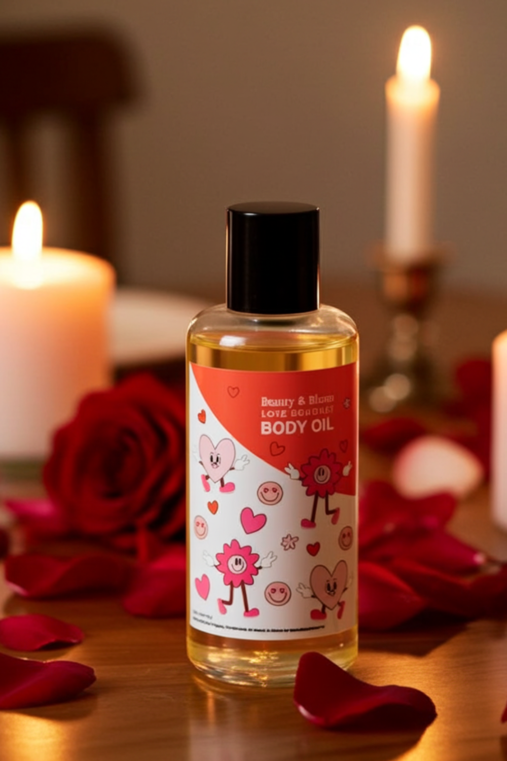 A bottle of body oil labeled "Beauty & Bloom Love Bouquet Body Oil" features cartoon hearts with smiling faces, surrounded by rose petals, with candles and a blurred background.