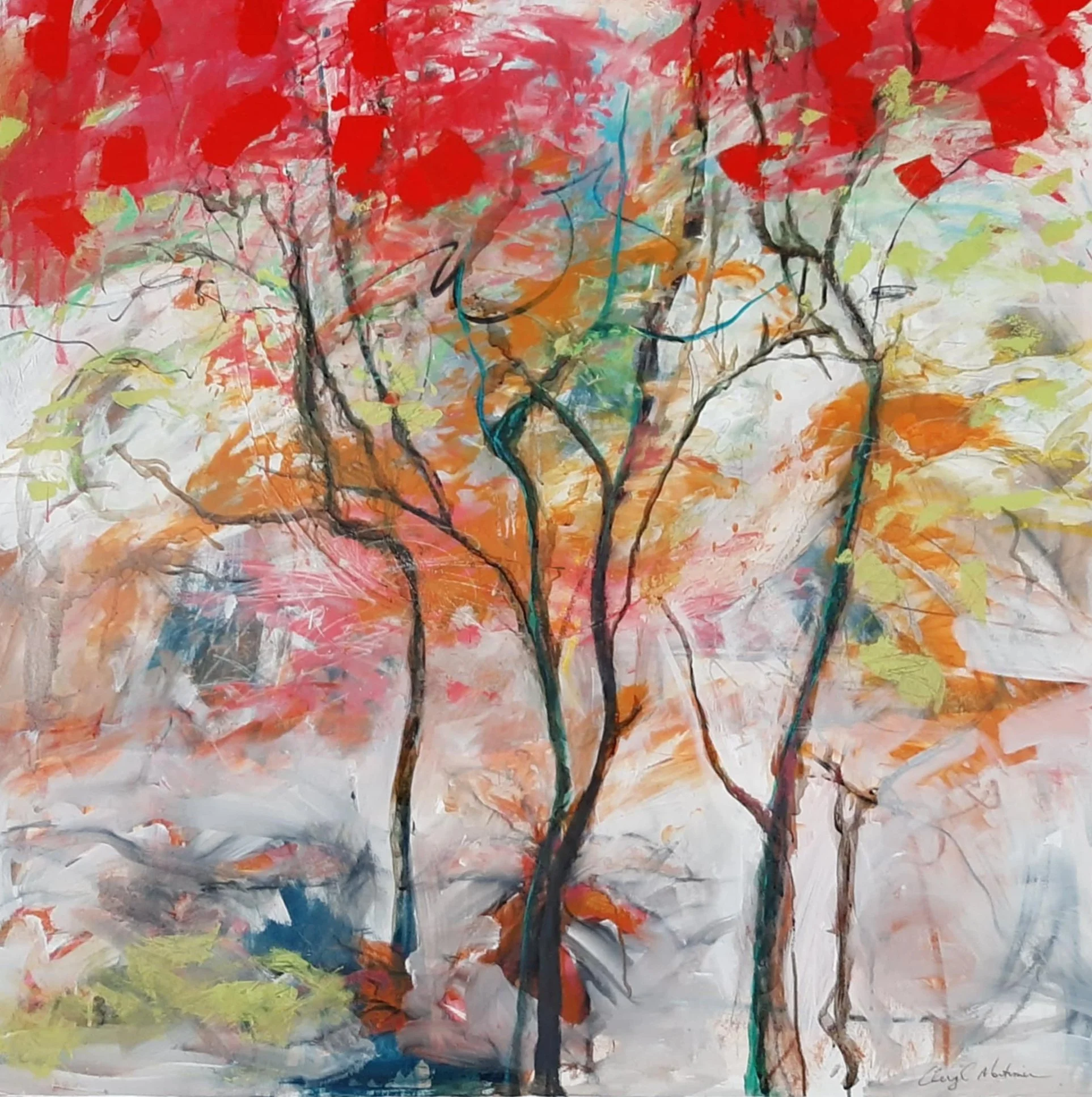 An abstract painting of trees with colorful red, orange, yellow, green, and blue leaves against a mixed background.