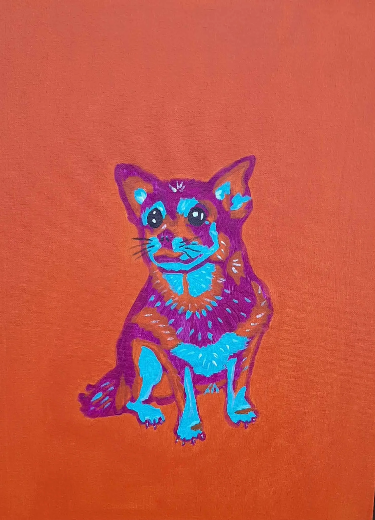 Brightly colored neon-style drawing of a sitting dog with large eyes, on an orange background.