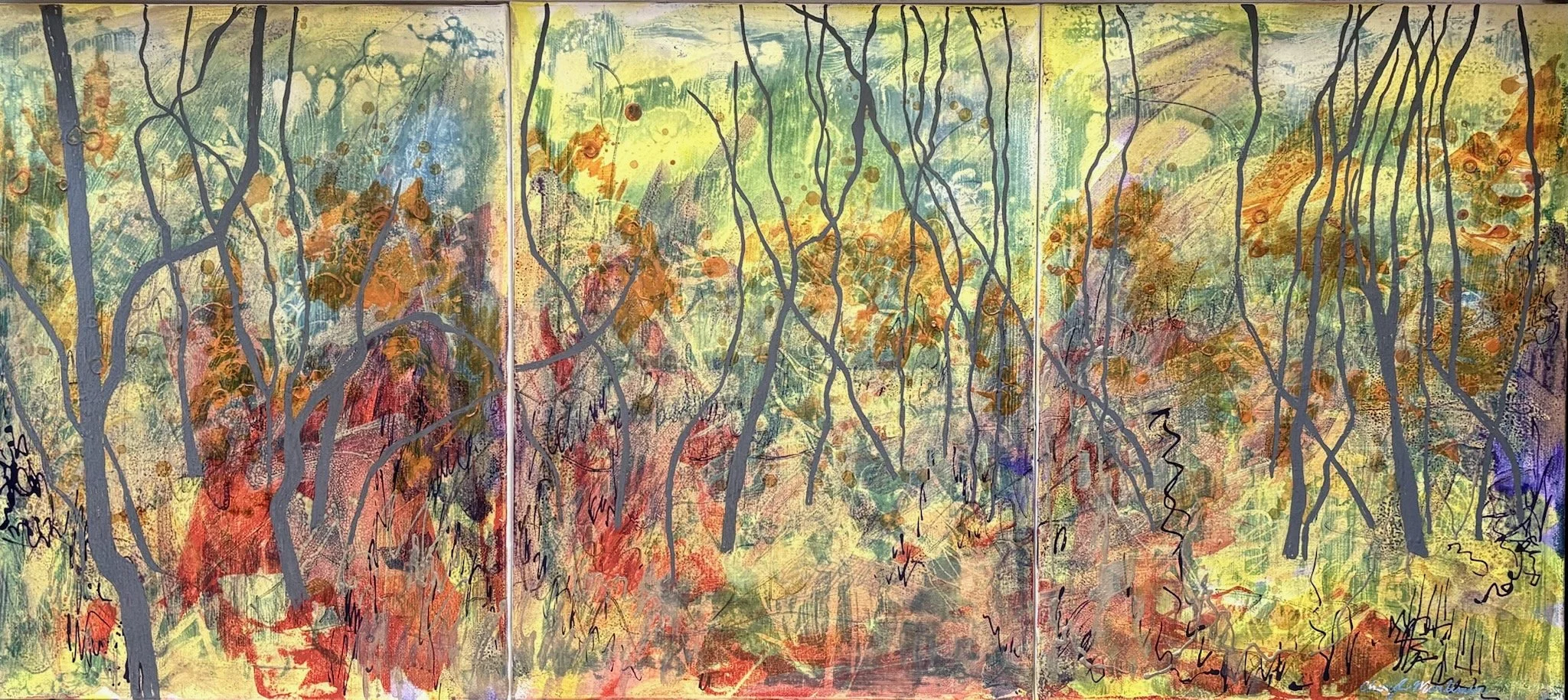 Abstract painting of a forest scene with trees, colorful leaves, and a variety of warm and cool colors, created with layered brushstrokes and mixed media.