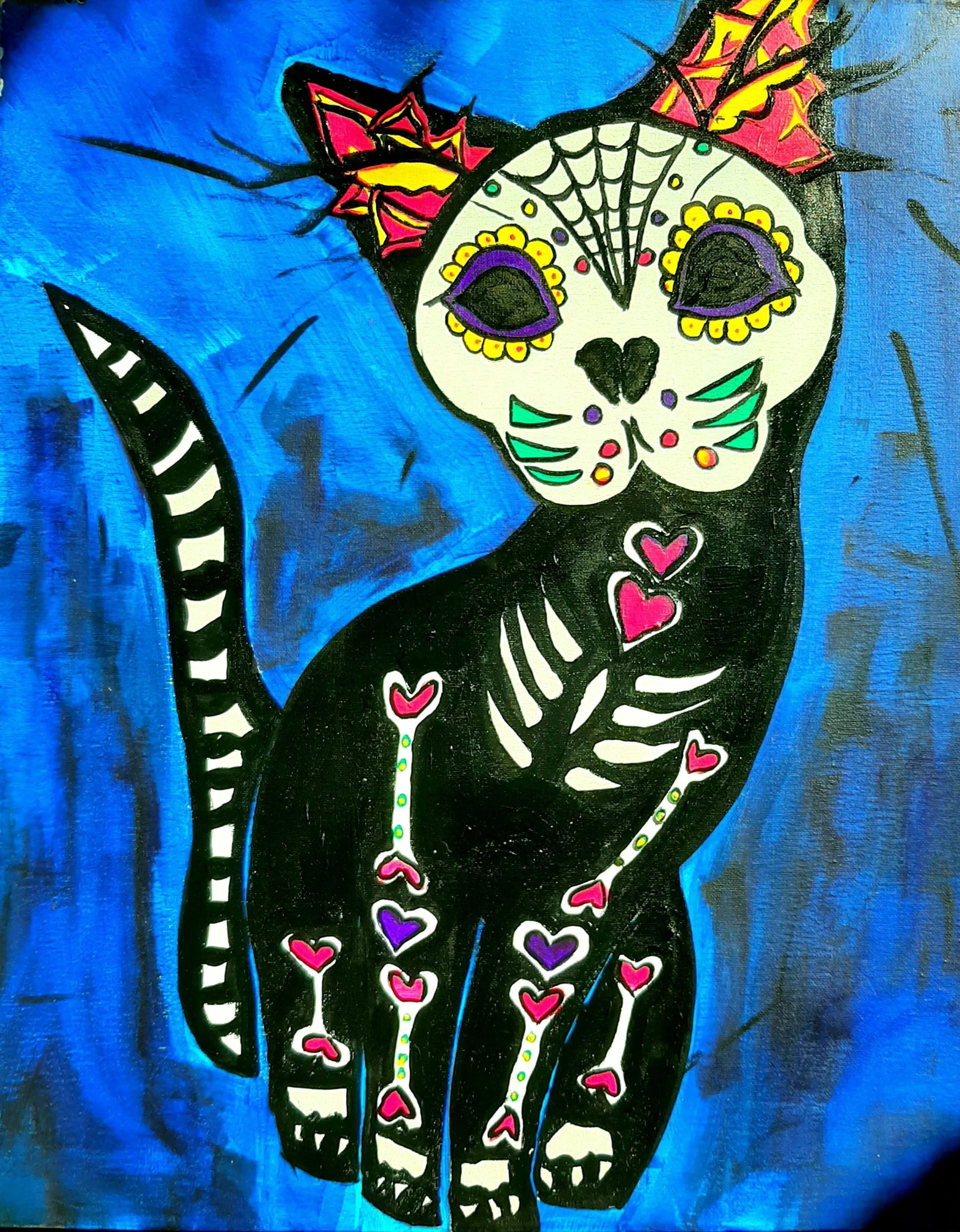 Colorful painting of a black cat with a decorated white skull face, yellow, purple, green, and pink accents, set against a blue background.