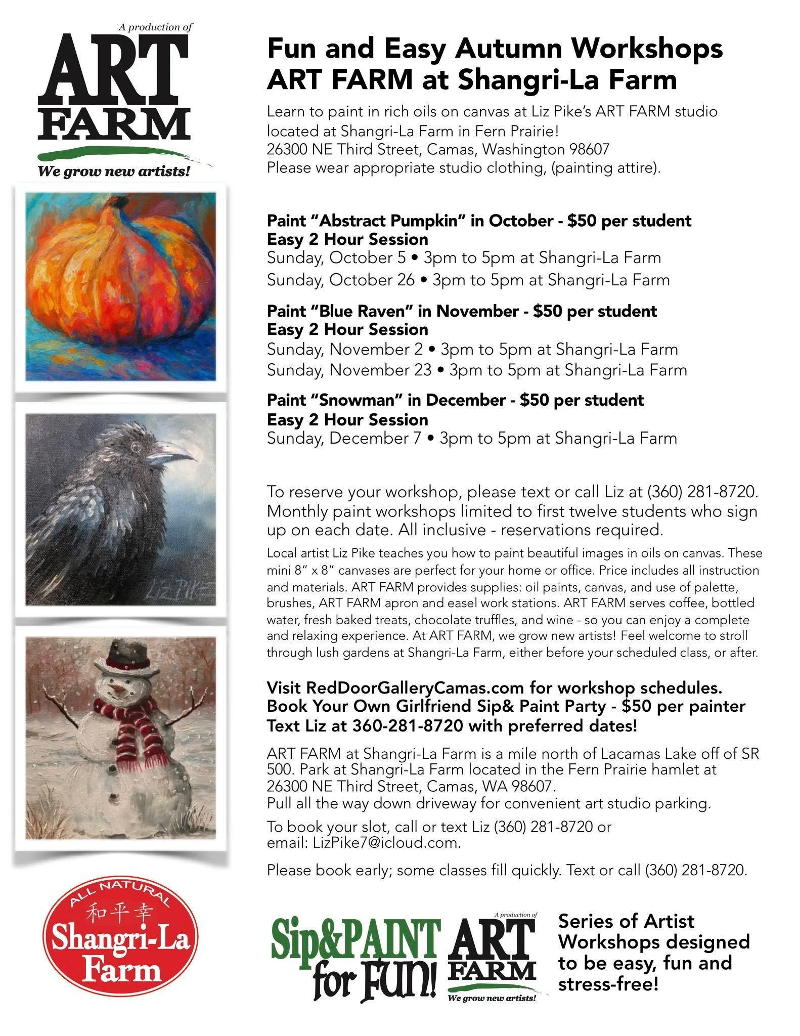 Join me to paint an abstract pumpkin in October, a raven in November or a darling snowman in December. Fun easy and beautiful; I show you how fun making art can be! Text your reservation to 360-281-8720.