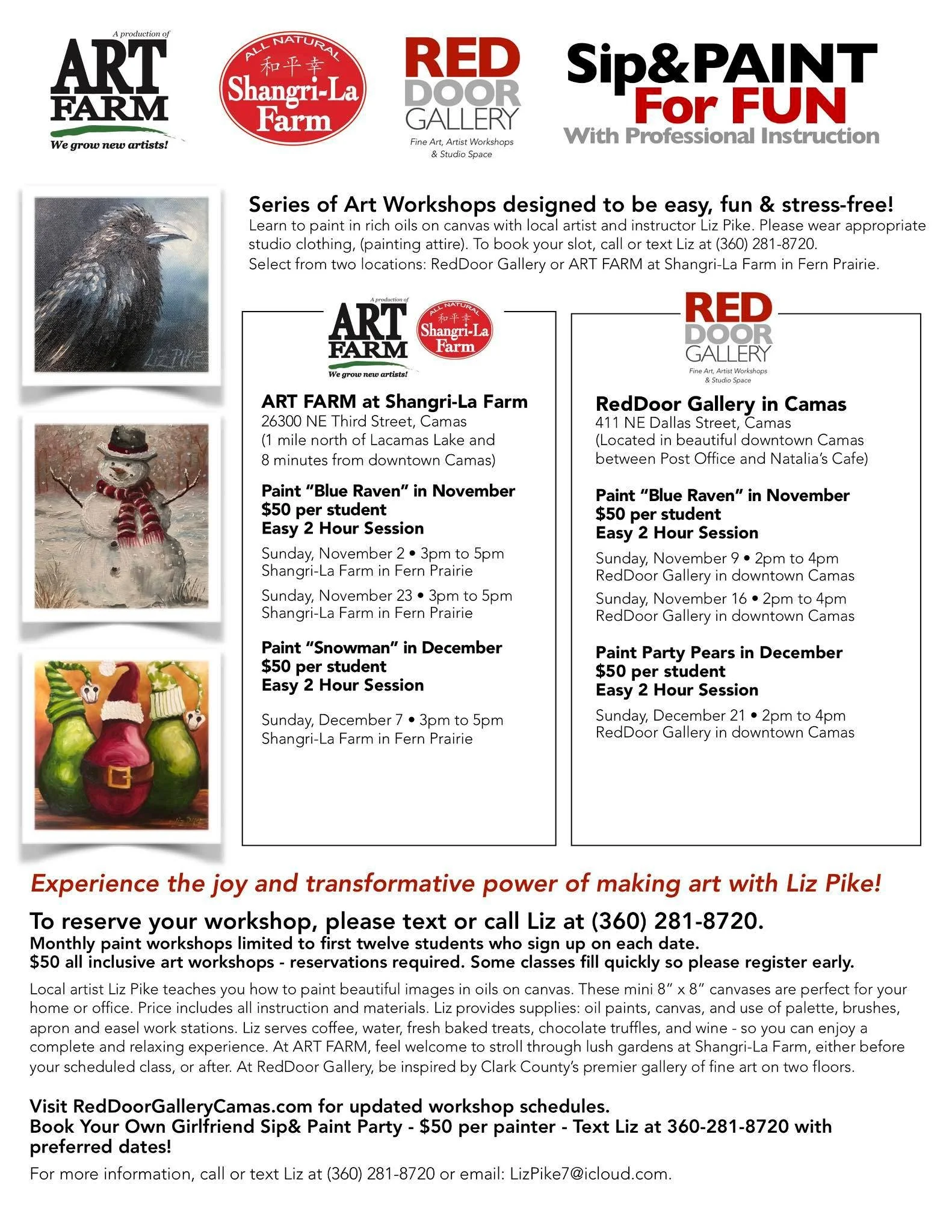 New art workshop schedule. Text 360-281-8720 if you want to make art. Dec. 7th is sold out but there&rsquo;s space available in others.