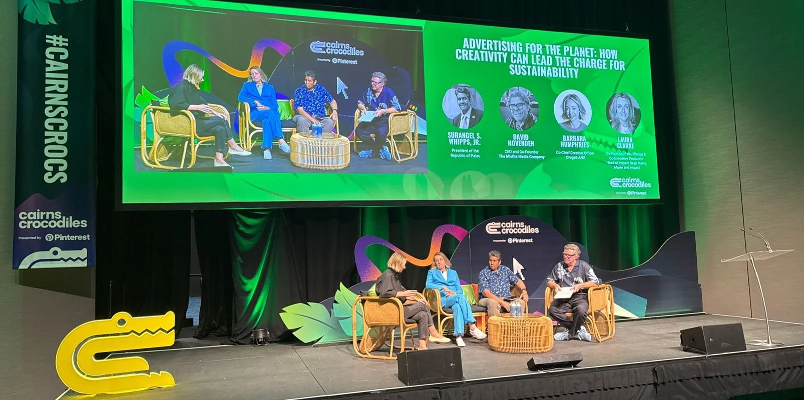 Surangel Whipps Jr., David Hovenden, Barbara Humphries and Laura Clarke chat on the main stage of Cairnes Crocs 2025