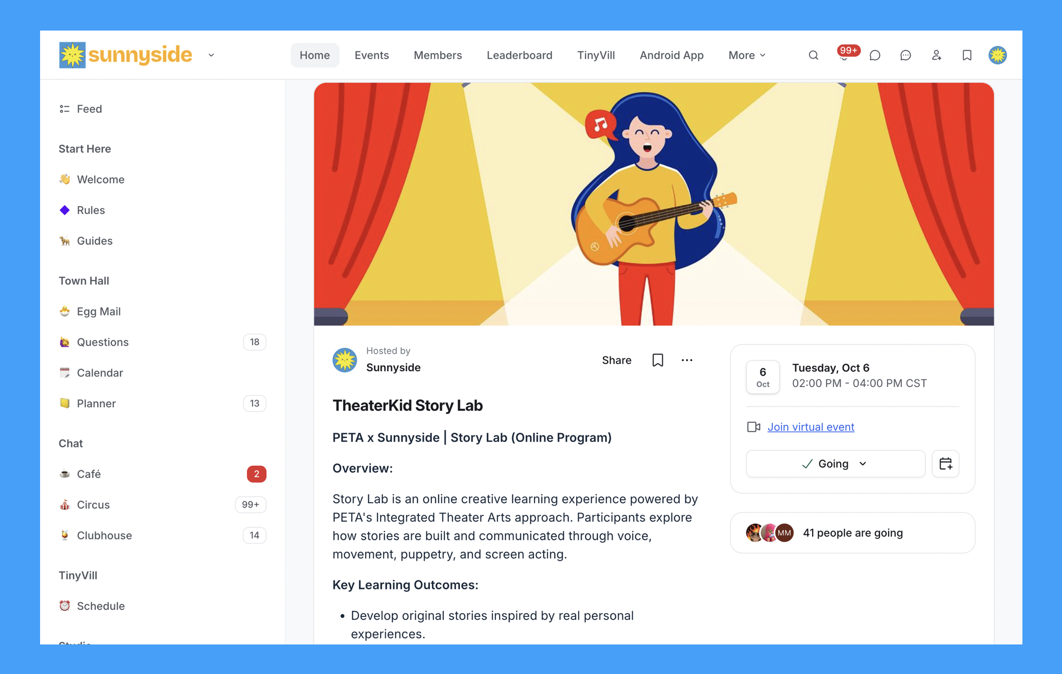 Digital screenshot of a website homepage for Sunnyside theater event, featuring an illustration of a girl with long blue hair playing a guitar on a stage with red curtains and yellow background. The website includes sections for events, members, leaderboard, and details of an online program called TheaterKid Story Lab.