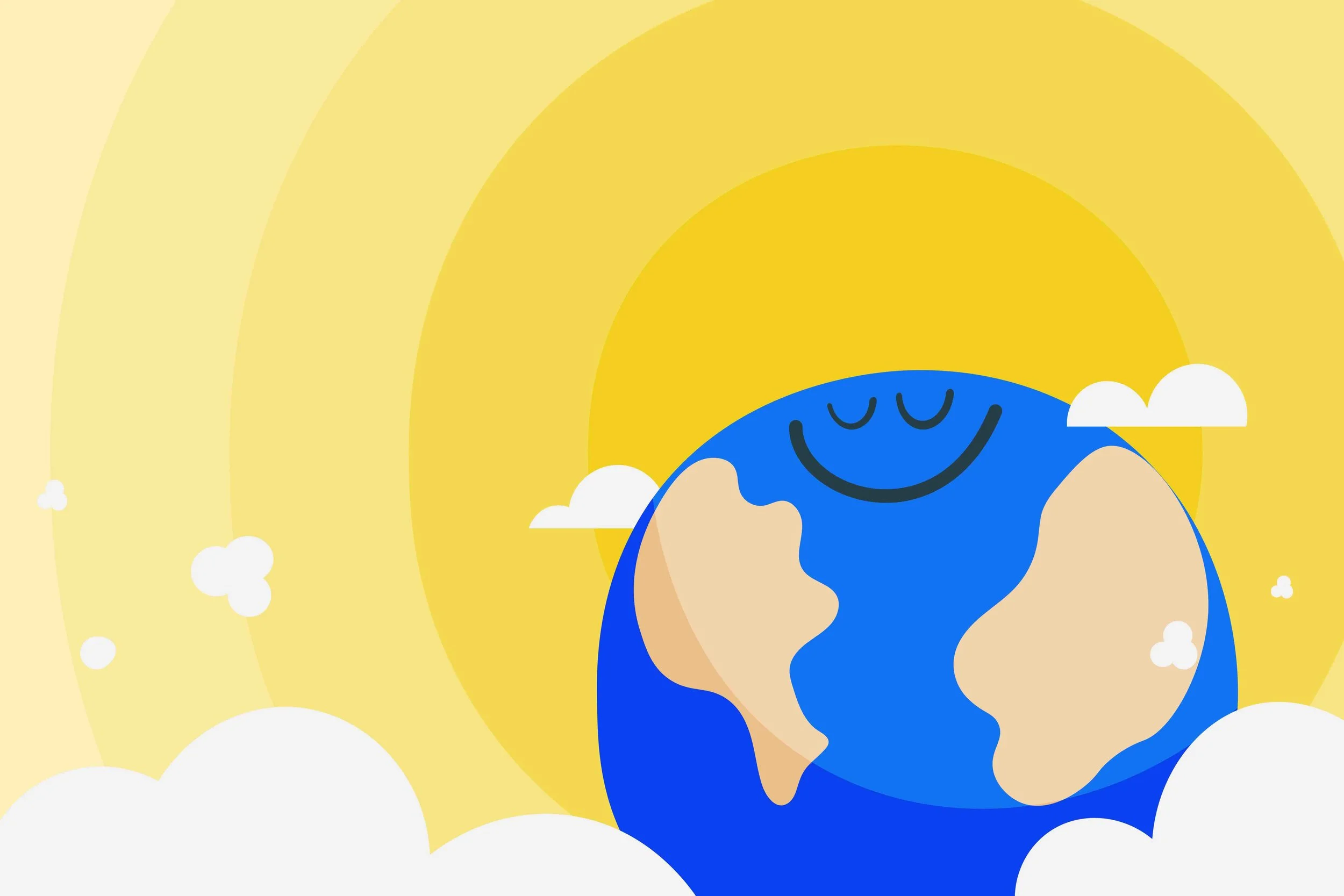Sunnyside illustration of a smiling blue planet surrounded by clouds and a rainbow