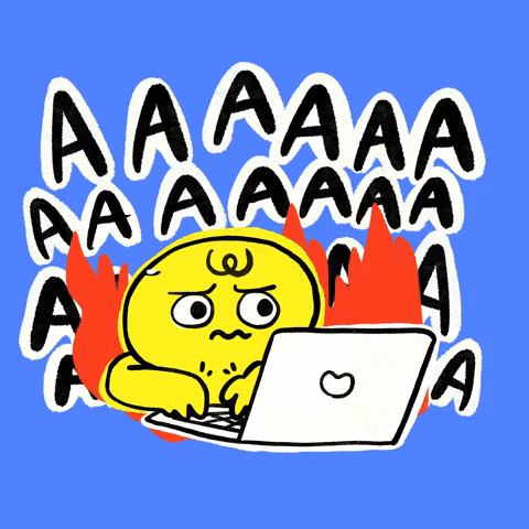 Animated yellow cartoon character with horns looking worried at a laptop, surrounded by multiple black and white letter A's and red flames in the background.