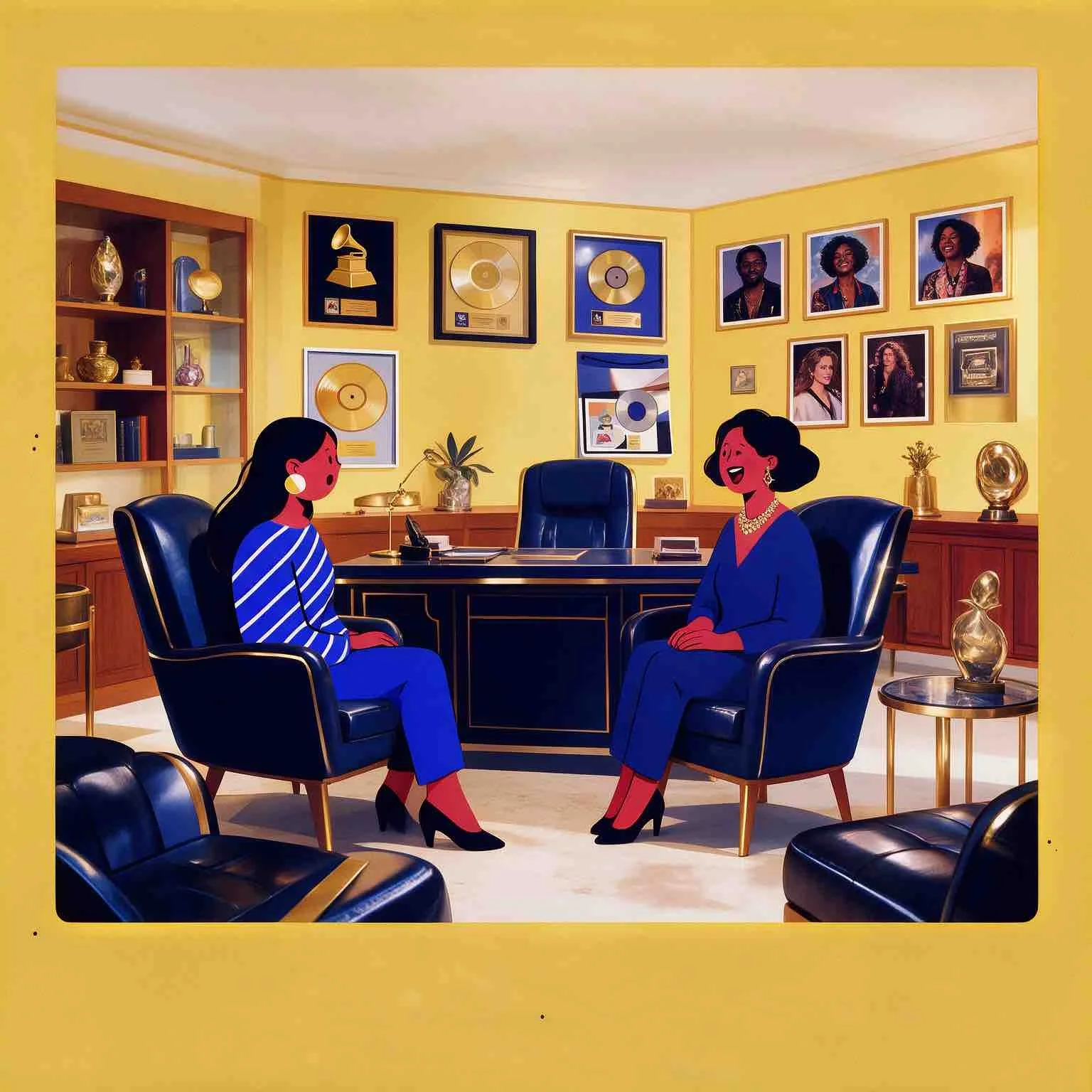 Illustration of two women sitting at a desk in a luxurious office, engaging in a conversation. The room has yellow walls decorated with gold records, awards, which is for Sunnyside Homeschool Community Homeschool Online Music Program called StarJam