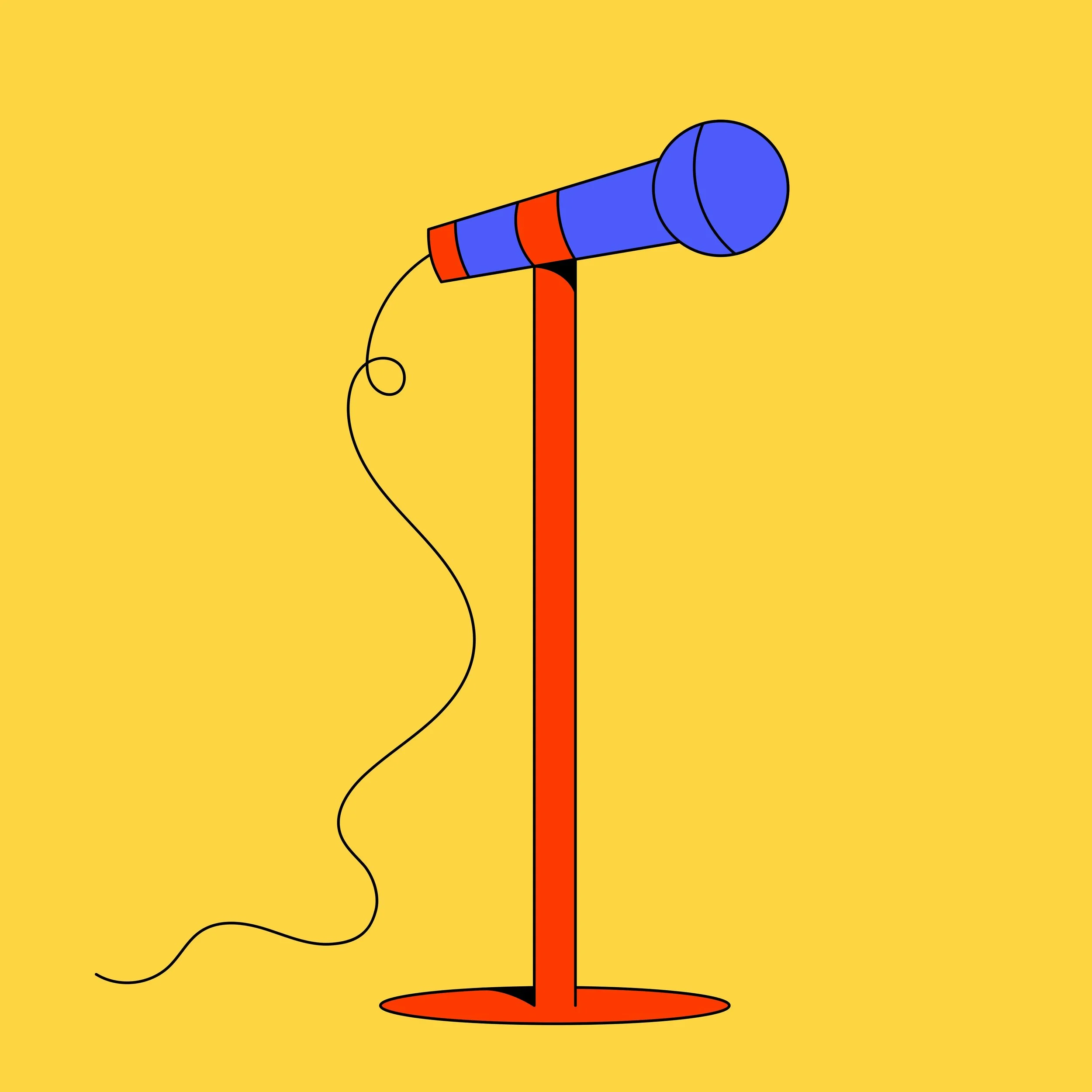 A stylized, cartoon microphone on a stand against a yellow background.