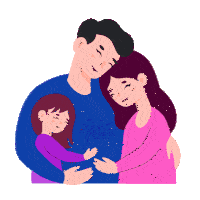 A family of three with a father, mother, and young girl sharing a family moment against a pink background.