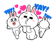 Three cartoon bunnies with blushing cheeks surrounded by pink hearts, expressing excitement and happiness.
