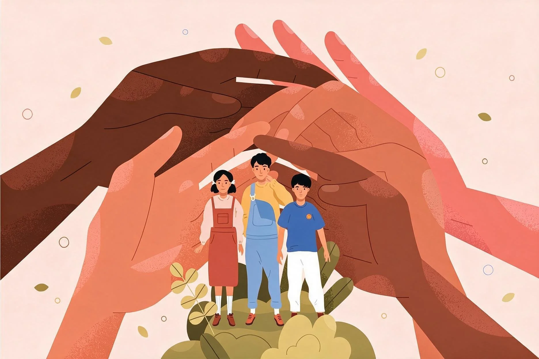 Illustration of large hands in the background forming a protective shield over three diverse children standing together in the foreground.