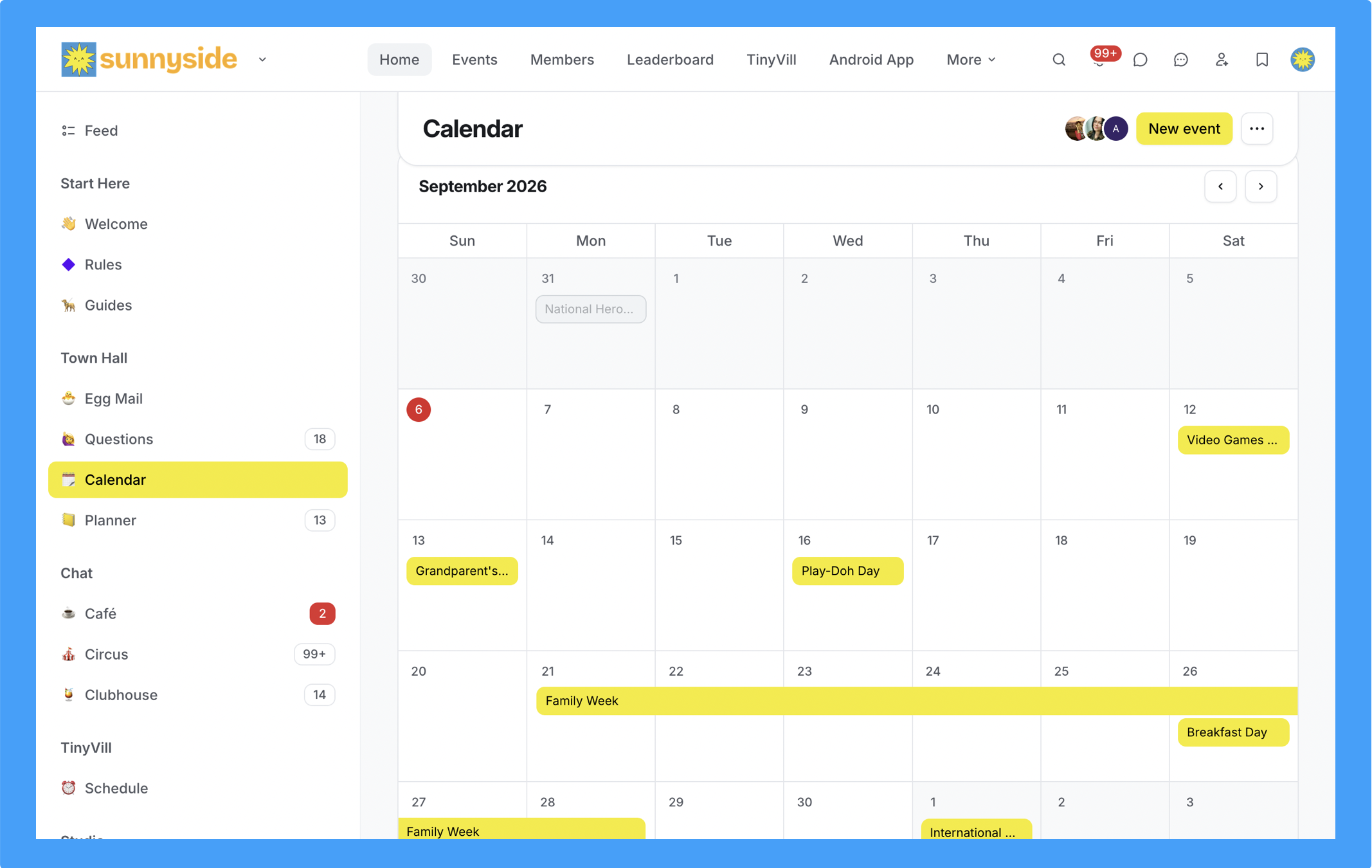 A computer screen displaying an online community's calendar for September 2026, with highlighted events including 'Grandparent's Day,' 'Play-Doh Day,' 'Family Week,' 'Breakfast Day,' and 'International Day.' The website has a navigation menu on the left with options like Feed, Start Here, Rules, Guides, Town Hall, Egg Mail, Questions, Calendar, Planner, Chat, Café, Circus, Clubhouse, TinyVill, Schedule, and Stories. The top navigation bar includes links to Home, Events, Members, Leaderboard, TinyVill, Android App, and More, along with notification icons, user profiles, and a logo.
