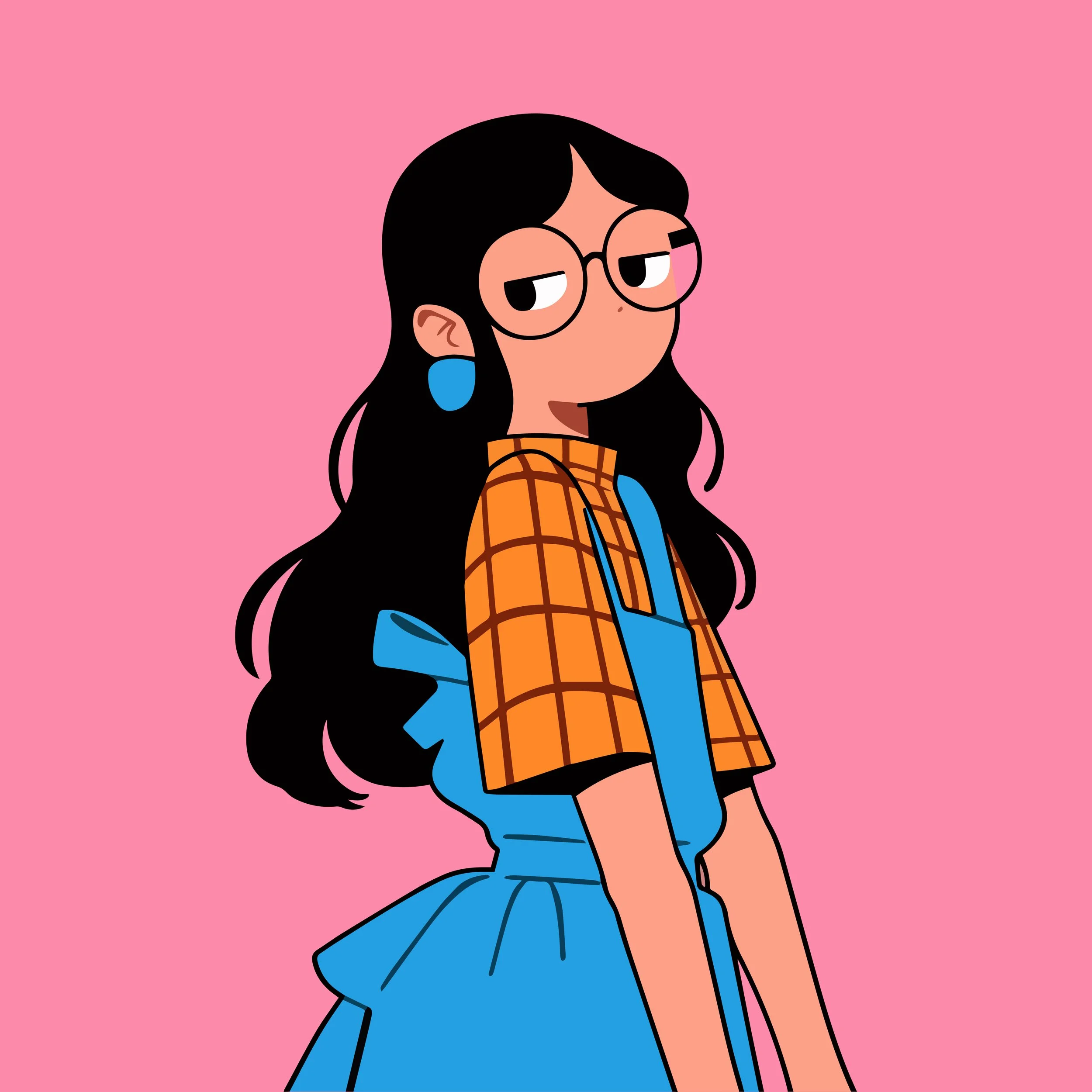 Cartoon girl with long black hair, large glasses, blue earrings, wearing an orange plaid shirt and blue overalls, standing against a pink background which gave a testimonial for Sunnyside Homeschooling