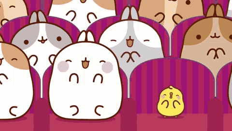 Group of cartoon animals, resembling Bunnies and a duck, sitting in red theater seats.