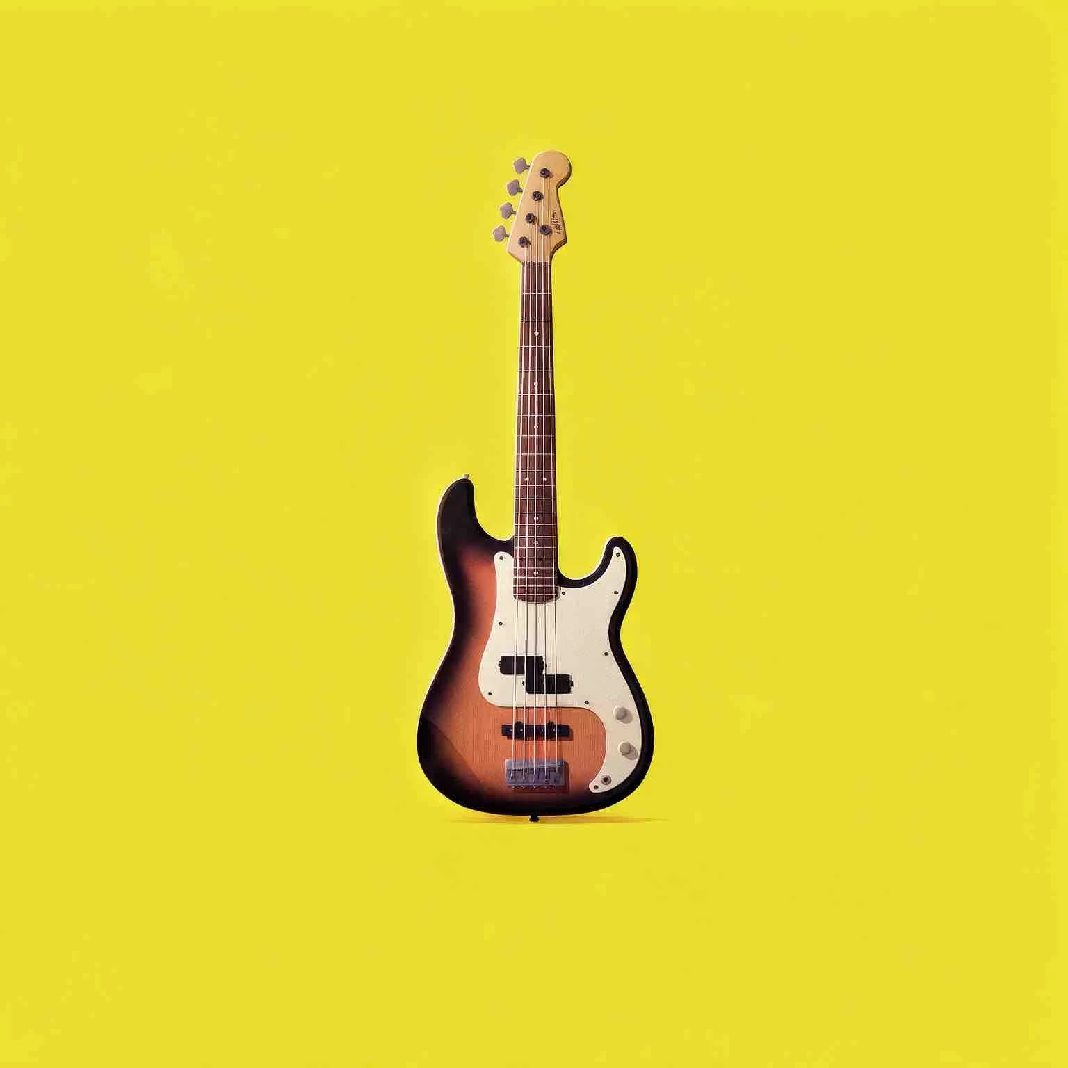 Vintage electric bass guitar with sunburst finish against a bright yellow background for Sunnyside Homeschooling's StarJam Homeschool Music Program