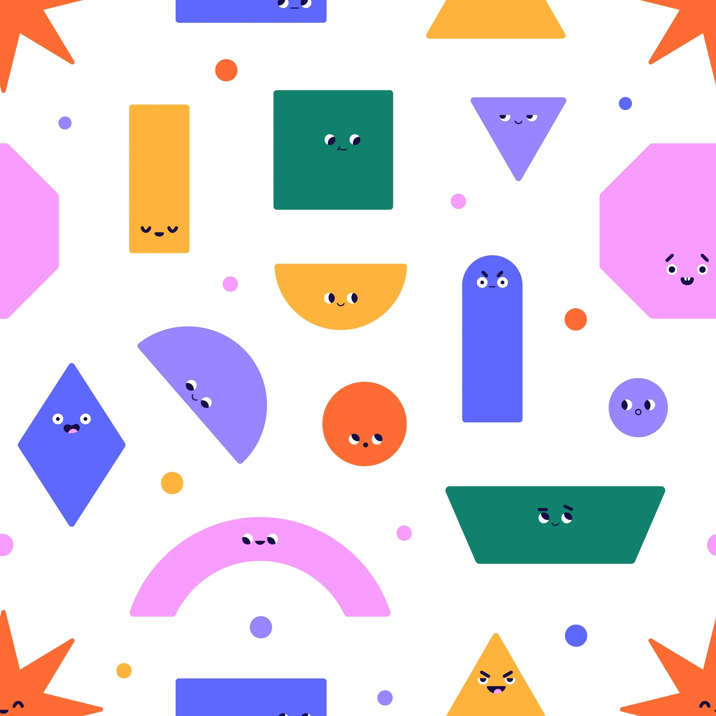Sunnyside illustration of colorful geometric shapes with smiling faces, one connected