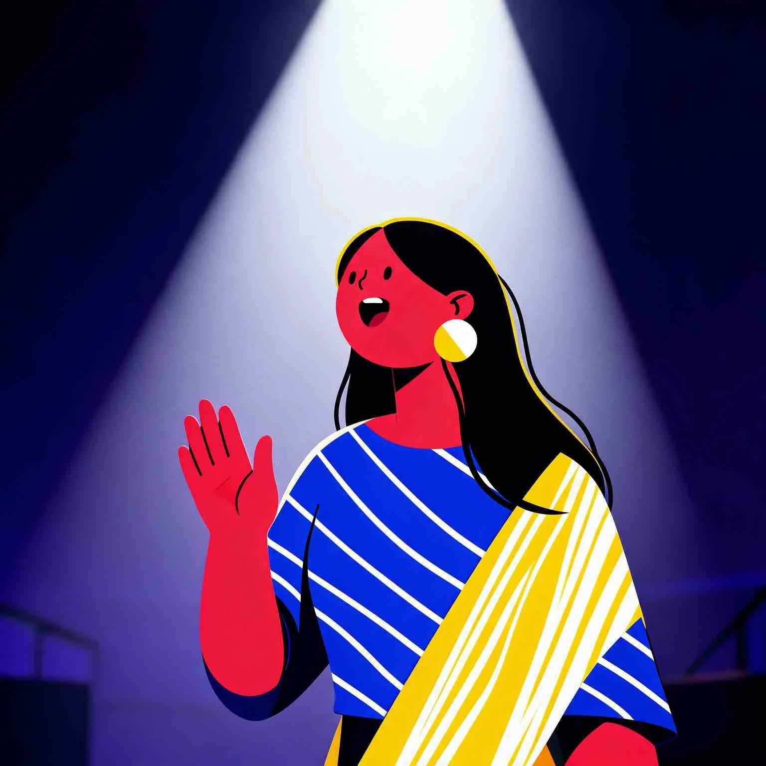 Illustration of a woman singing on stage, with a spotlight shining down on her, wearing a striped top and large hoop earrings which is for Sunnyside Homeschool Community Homeschool Online Music Program called StarJam
