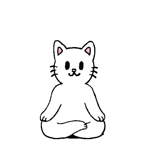 A cute, cartoon-style drawing of a sitting cat with a round face, large black eyes, pink inside its ears, and whiskers.