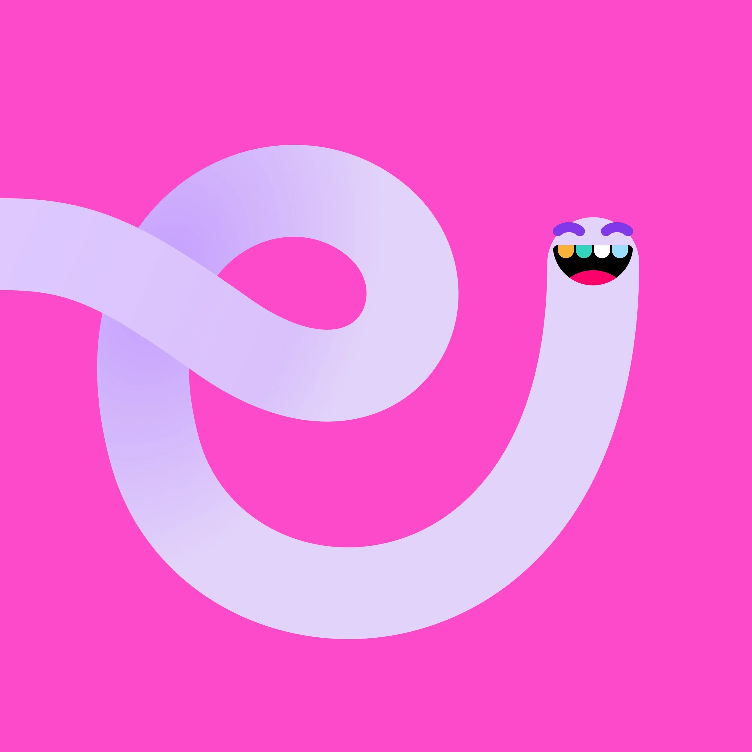 Animated purple snake with a happy face, big smiles, and colorful teeth, set against a pink background.