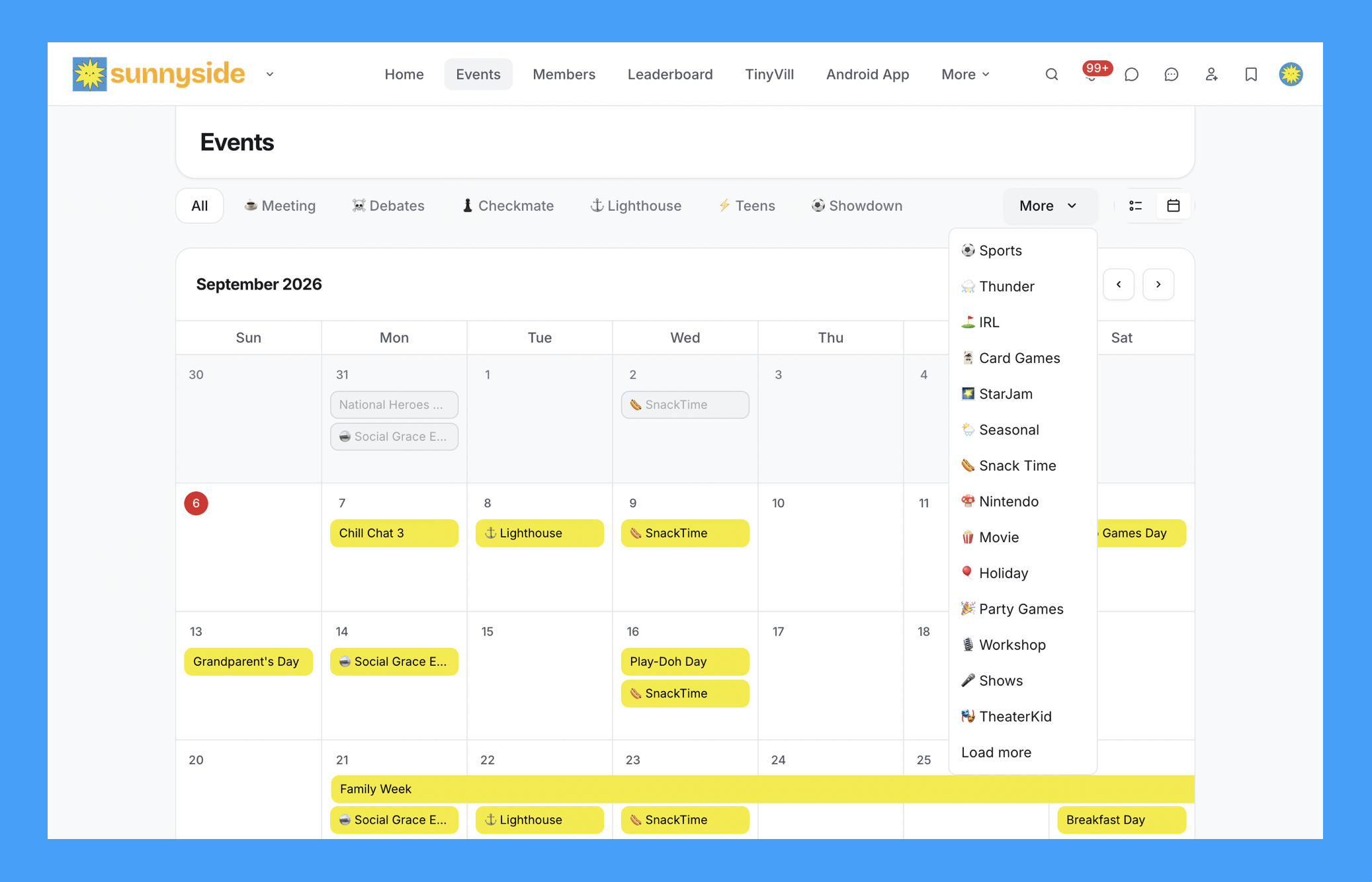 Screenshot of a website calendar page titled 'Events' with scheduled activities for September 2026. Activities include Chill Chat 3, Lighthouse, Snack Time, Grandparent's Day, Family Week, Breakfast Day, and others, with some items highlighted in yellow.