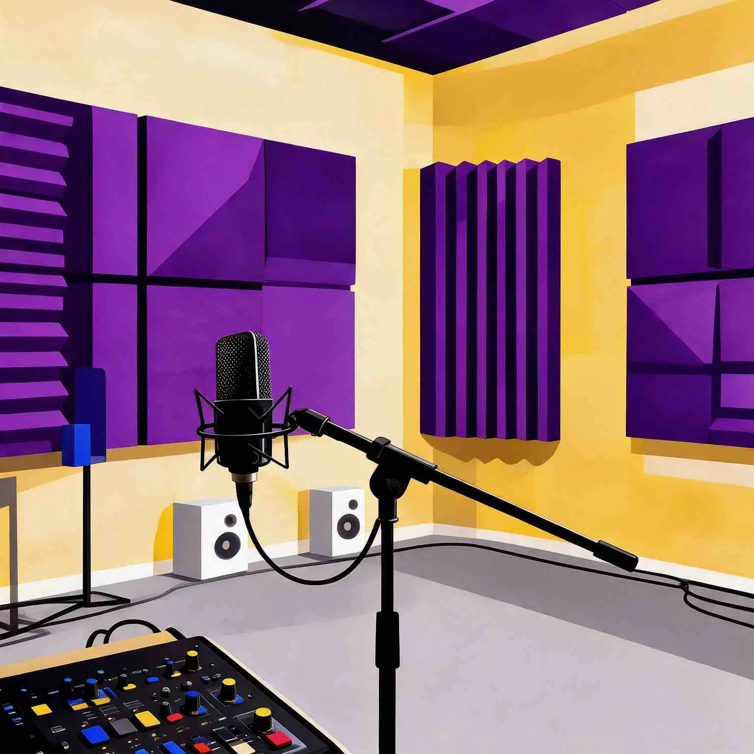 Recording studio with purple soundproof panels on yellow walls, a microphone on a stand, a mixing console, and speaker monitors which is for Sunnyside Homeschool Community Homeschool Online Music Program called StarJam