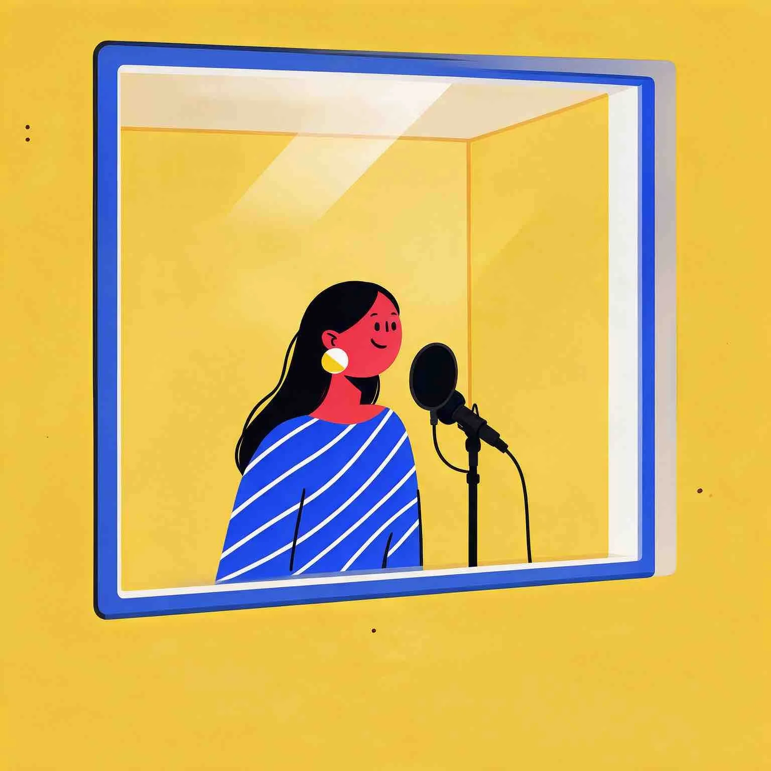 An illustration of a woman with dark hair and earrings singing into a microphone in a recording studio with a yellow background which is for Sunnyside Homeschool Community Homeschool Online Music Program called StarJam