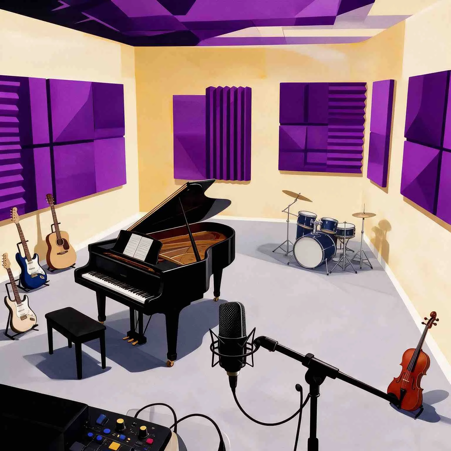 Music studio room with purple soundproofing panels on beige walls, a black grand piano in the center, several guitars leaning against the wall, which is for Sunnyside Homeschool Community Homeschool Online Music Program called StarJam