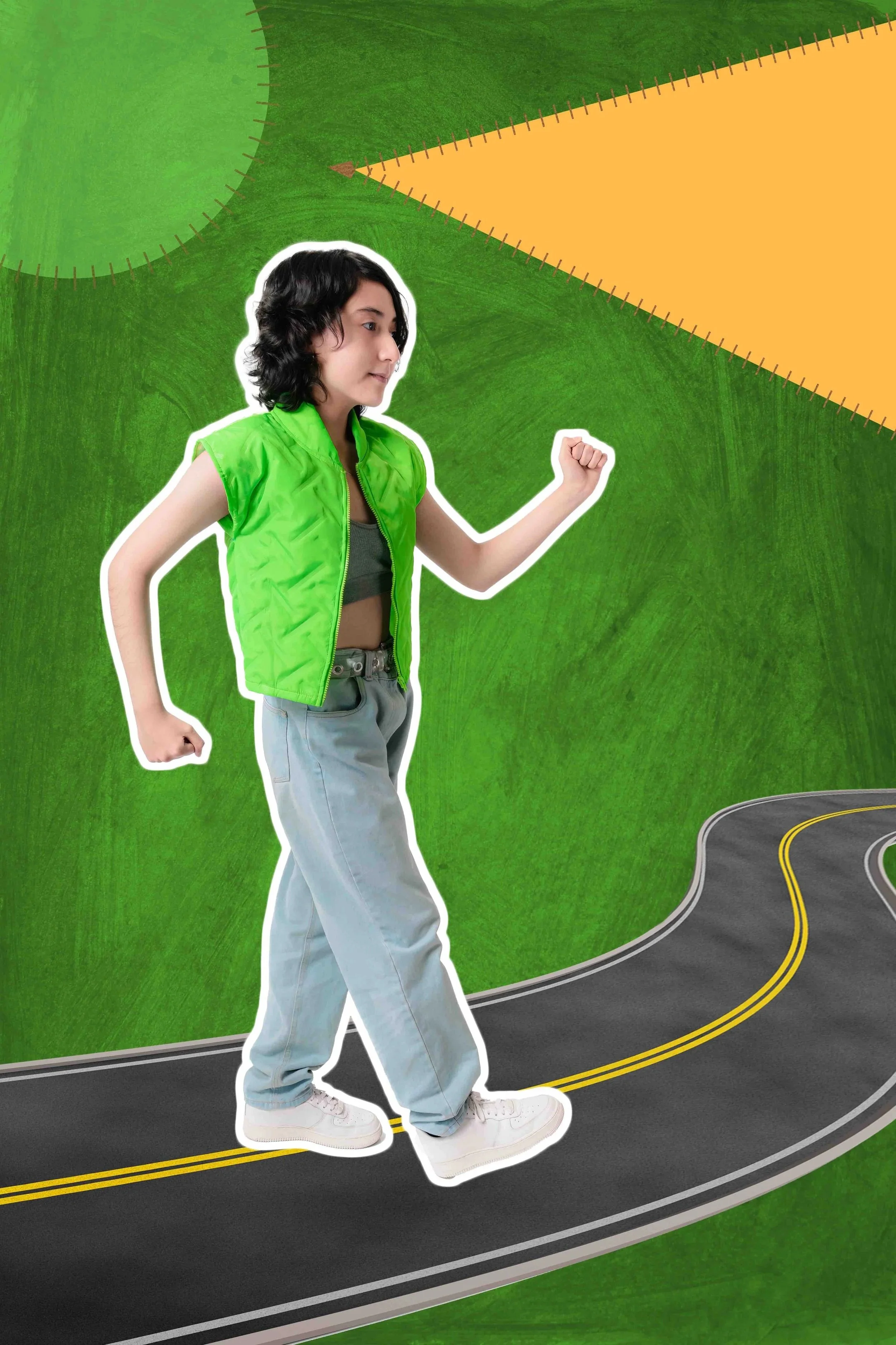 A young woman with short curly black hair wearing a green vest, gray shirt, baggy gray pants, and white sneakers, running on a road with yellow lines outlines around her.