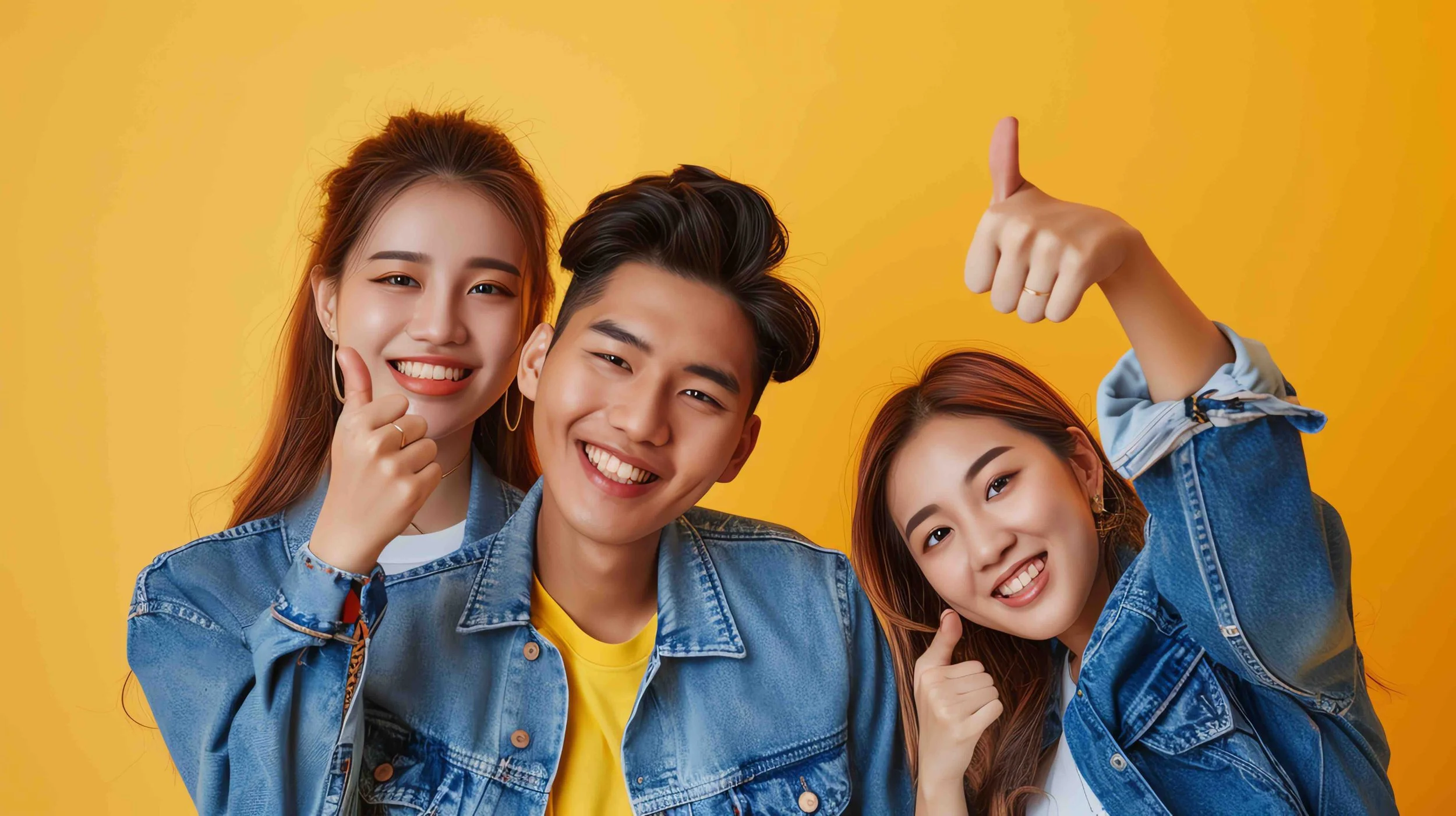 Three young adults smiling and showing thumbs up against a yellow background.