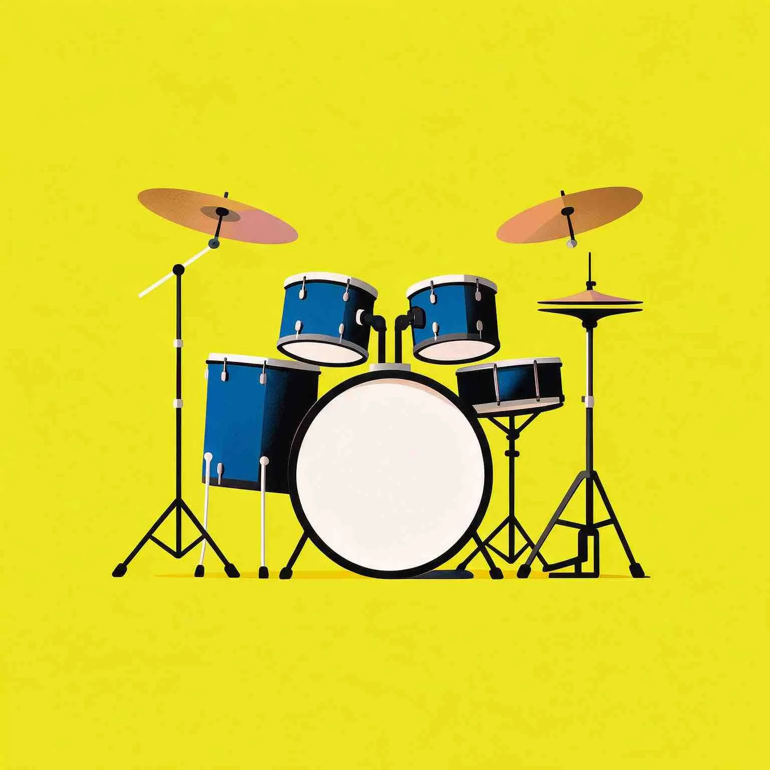 Illustration of a drum set including bass, toms, cymbals, and stands against a yellow background.