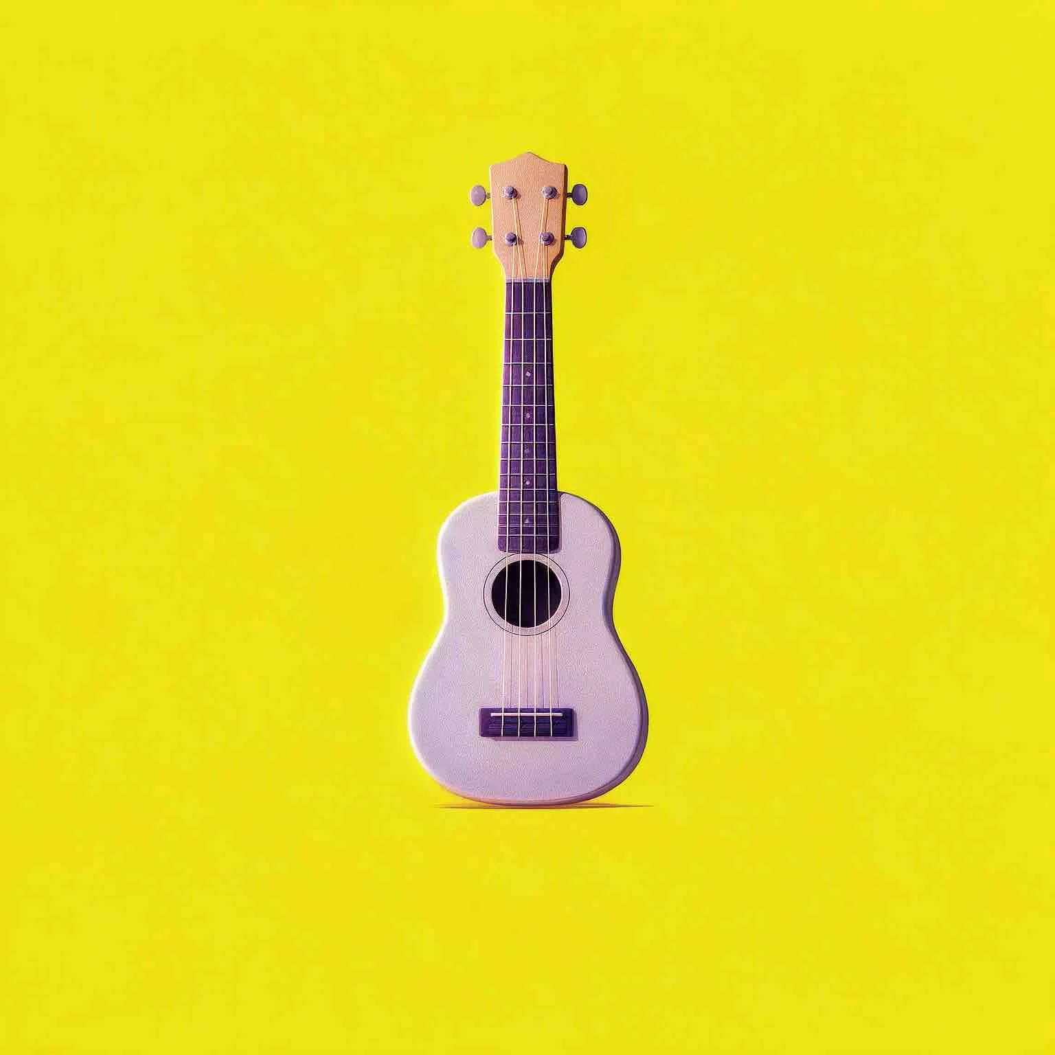 A small, white ukulele with a light wooden neck and purple fretboard, set against a bright yellow background.