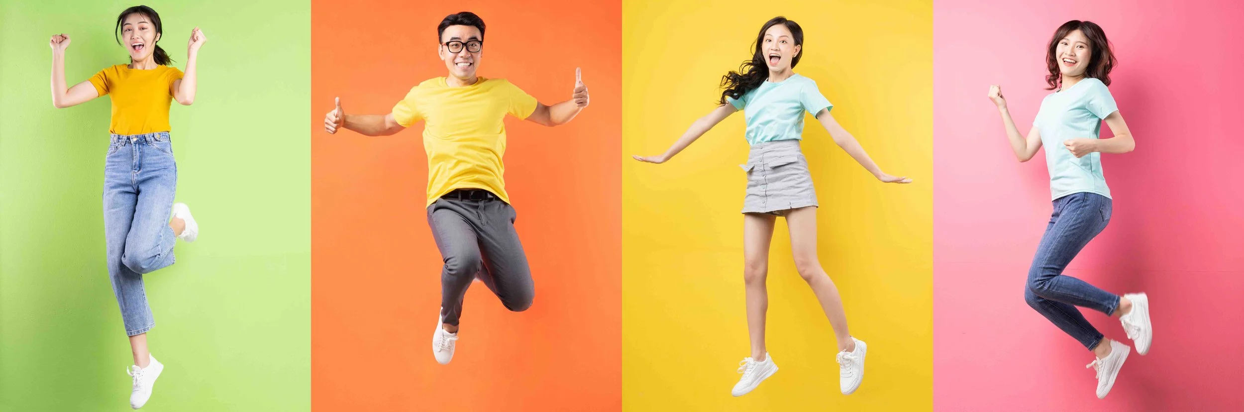 Four young people jumping and smiling with colorful backgrounds: a girl in yellow on green, a boy in yellow on orange, a girl in light blue on yellow, and a girl in light blue on pink.
