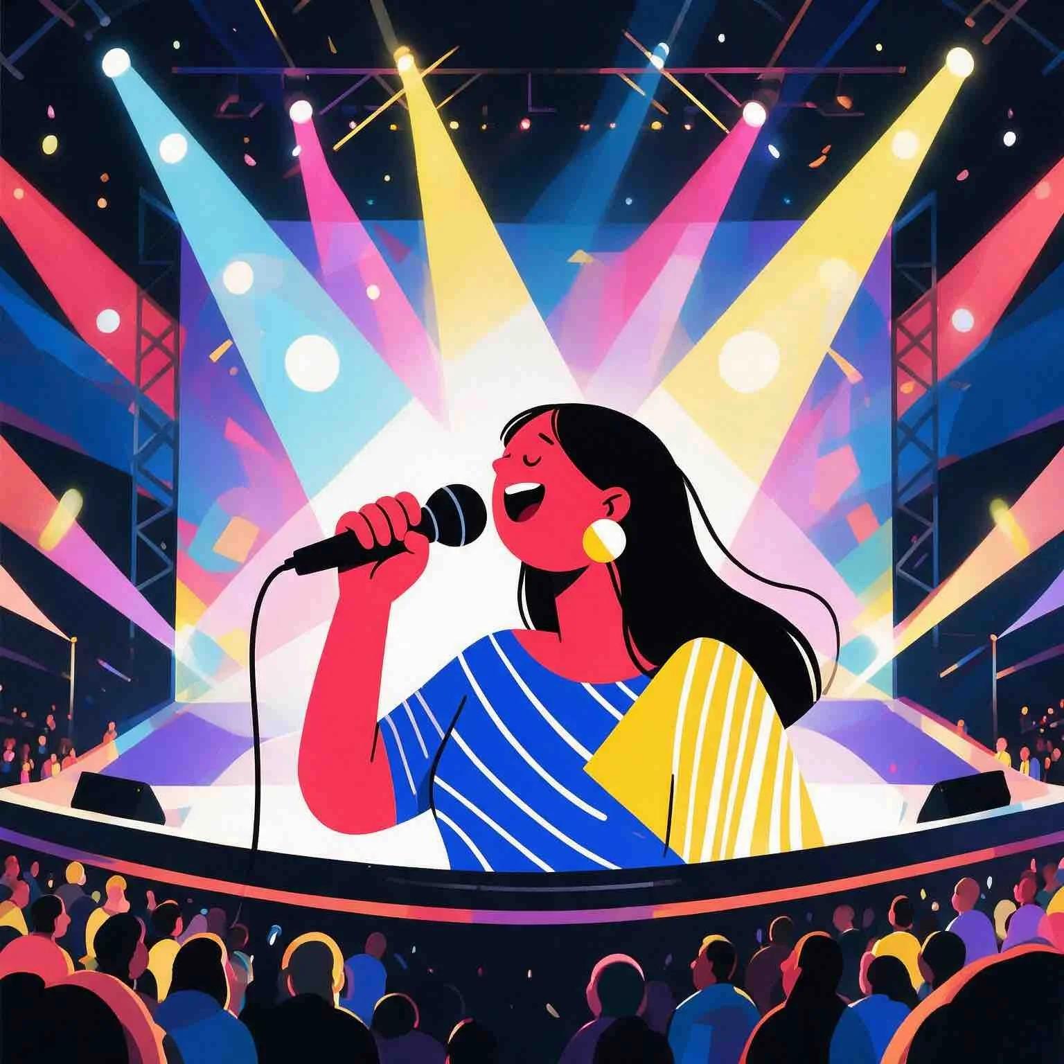 A woman singing into a microphone on stage with colorful stage lights and a crowd watching which is for Sunnyside Homeschool Community Homeschool Online Music Program called StarJam