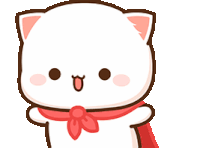 Cute white cartoon cat with pink ears, cheeks, and a red bow, smiling against a blue background.