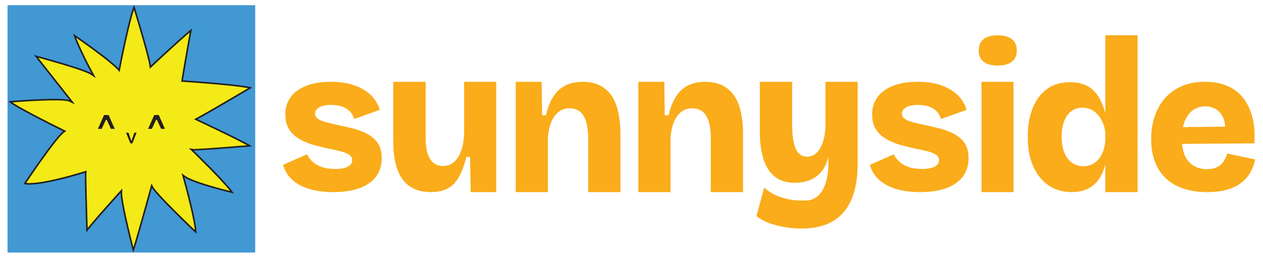Sunshine logo with a yellow sun and a blue background, next to the word 'sunnyside' in bold orange letters.