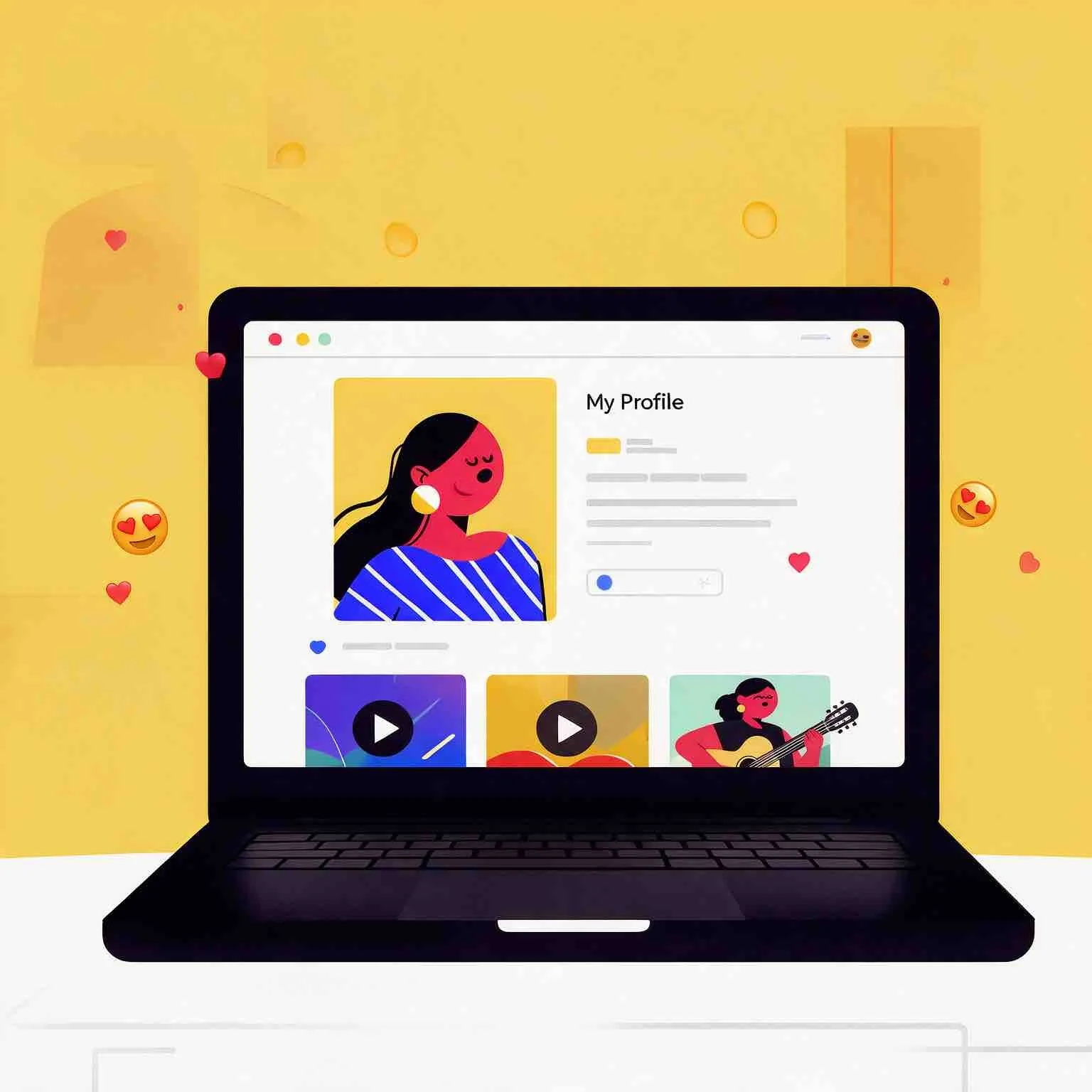 A laptop with a colorful social media profile page on its screen showing a cartoon woman with long dark hair, earrings, which is for Sunnyside Homeschool Community Homeschool Online Music Program called StarJam