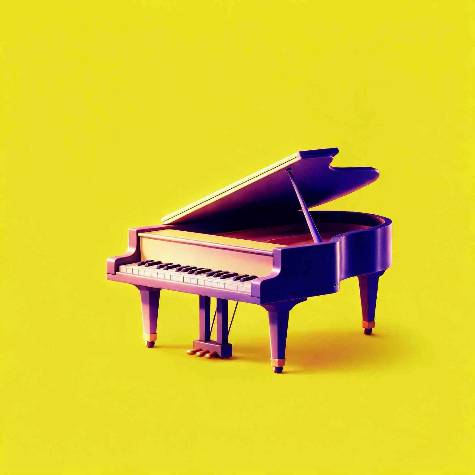 A colorful toy grand piano with a purple body and colorful keys, set against a bright yellow background for Sunnyside Homeschooling's StarJam Homeschool Music Program