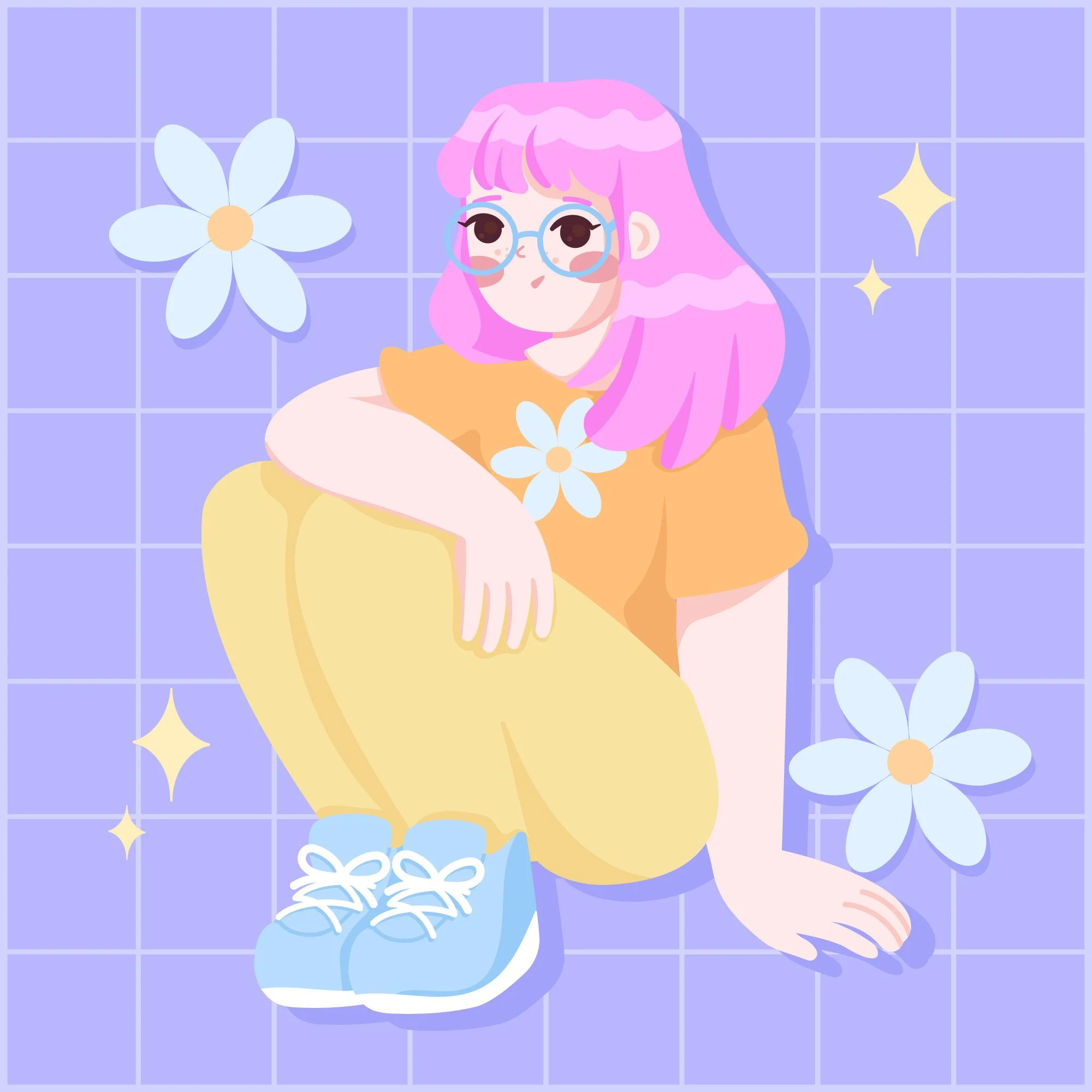 A cartoon girl with pink hair, glasses, yellow shirt, blue shoes, and white laces, sitting with legs crossed on a purple tiled background, which is a satisfied teen who gave a testimonial for Sunnyside Homeschooling