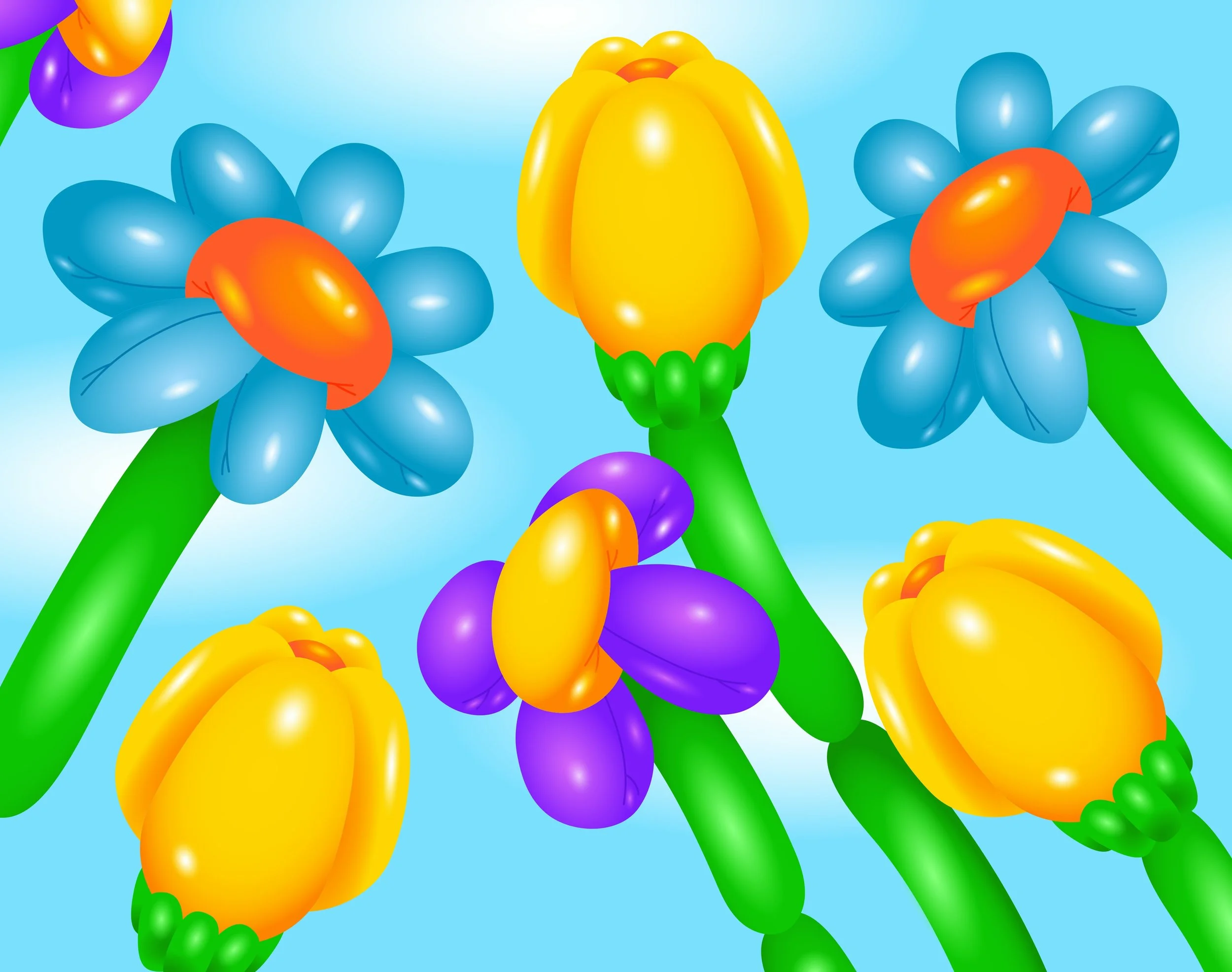 Colorful balloon flowers and tulips with green stems floating against a blue sky — symbolizing Sunnyside’s essence: helping homeschoolers find each other through intentional connection.