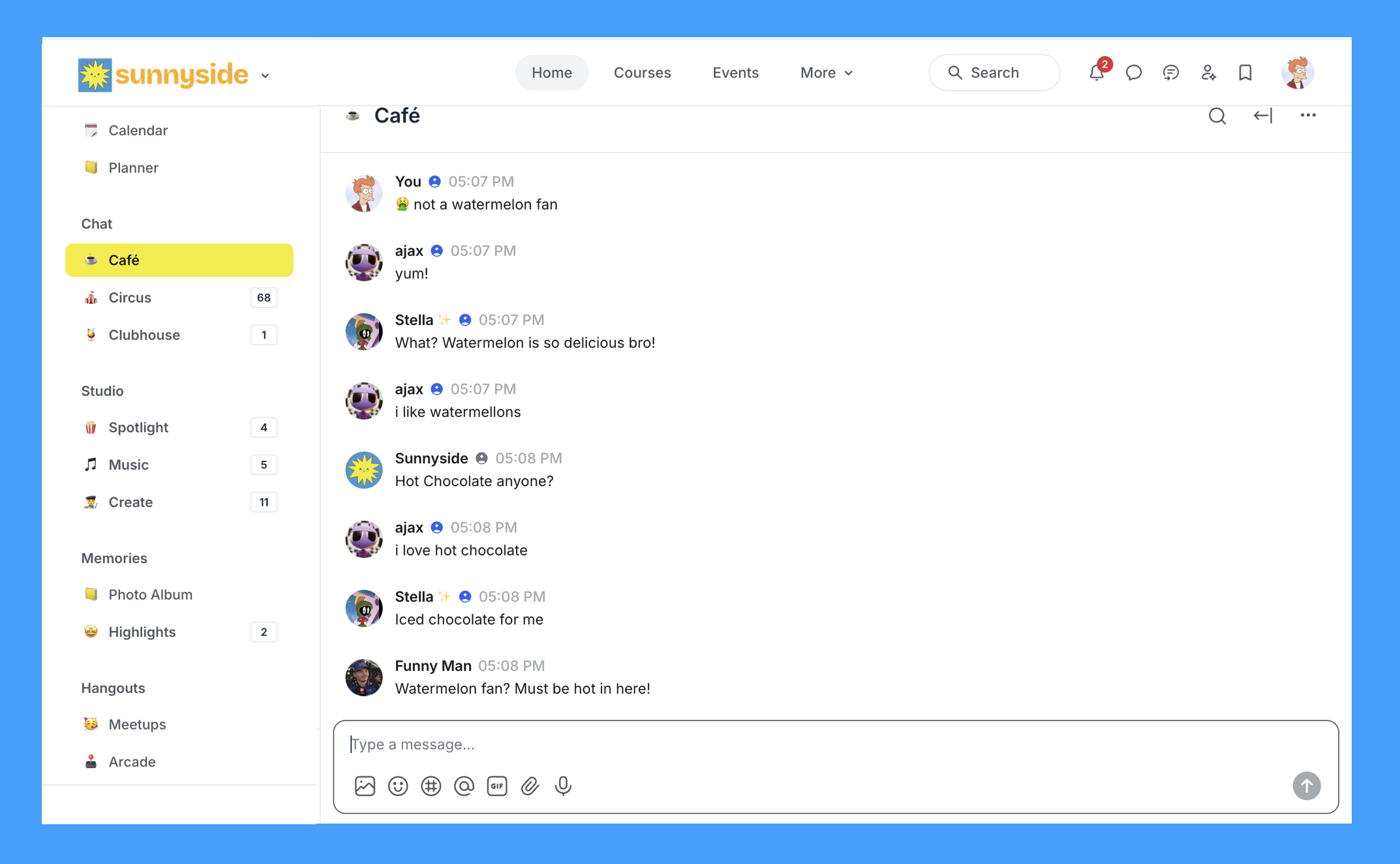 Screenshot of an online chat group named 'Café' on a platform called Sunnyside. The chat includes users discussing watermelon and hot chocolate, with timestamps, profile pictures, and some active icons visible.
