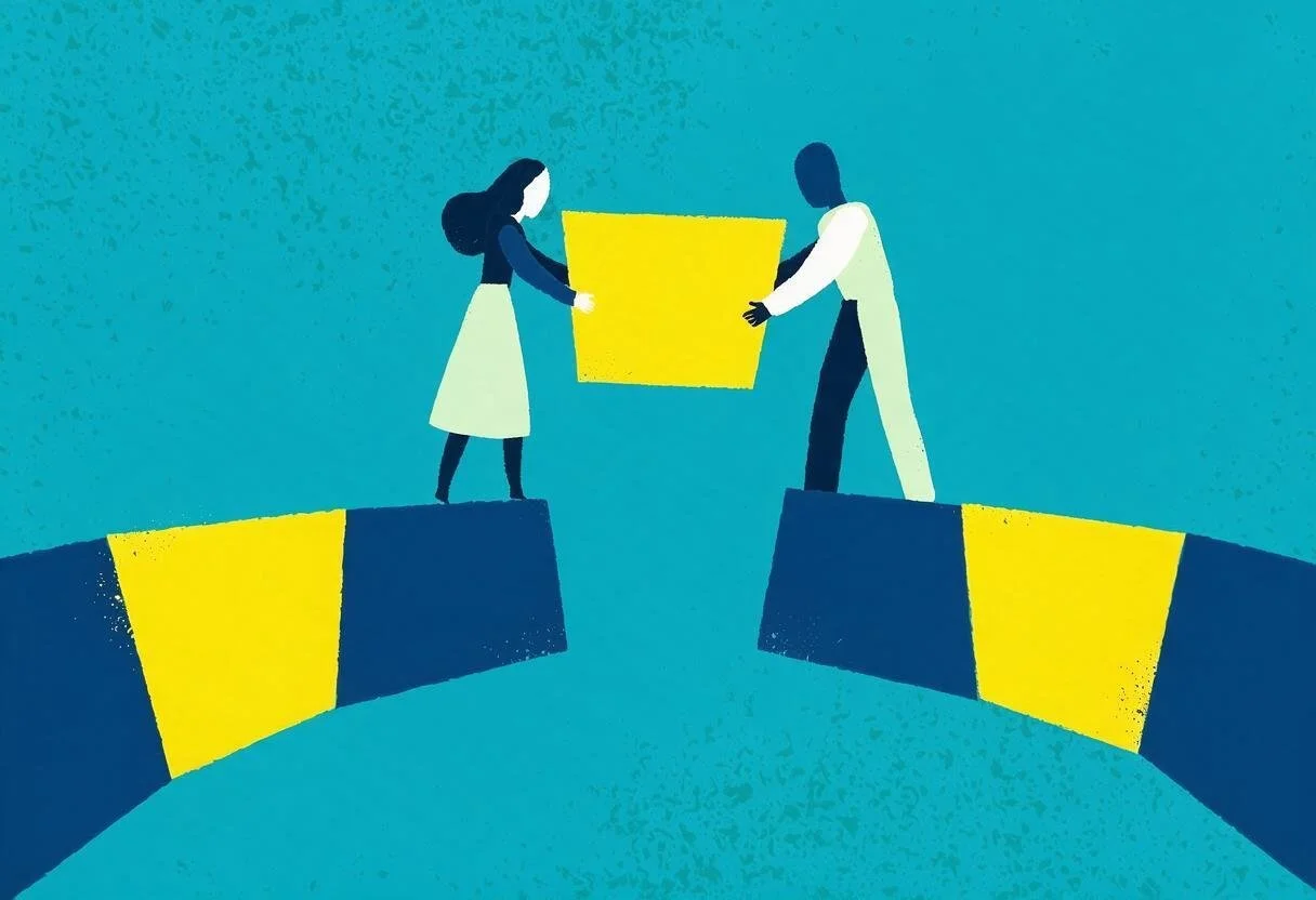 Sunnyside illustration of two people exchanging a piece of a bridge