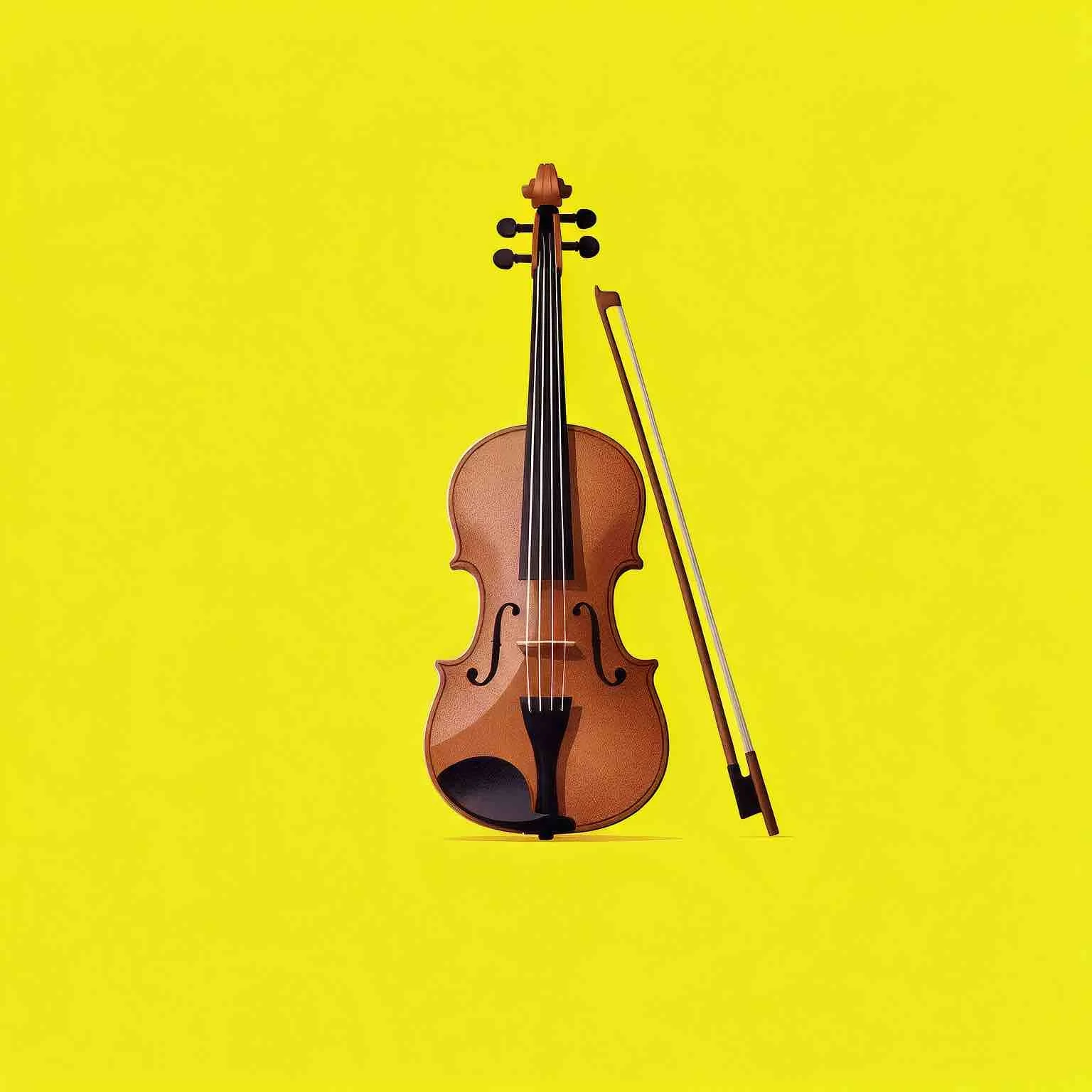 A wooden violin and a bow are displayed against a bright yellow background for Sunnyside Homeschooling's StarJam Homeschool Music Program