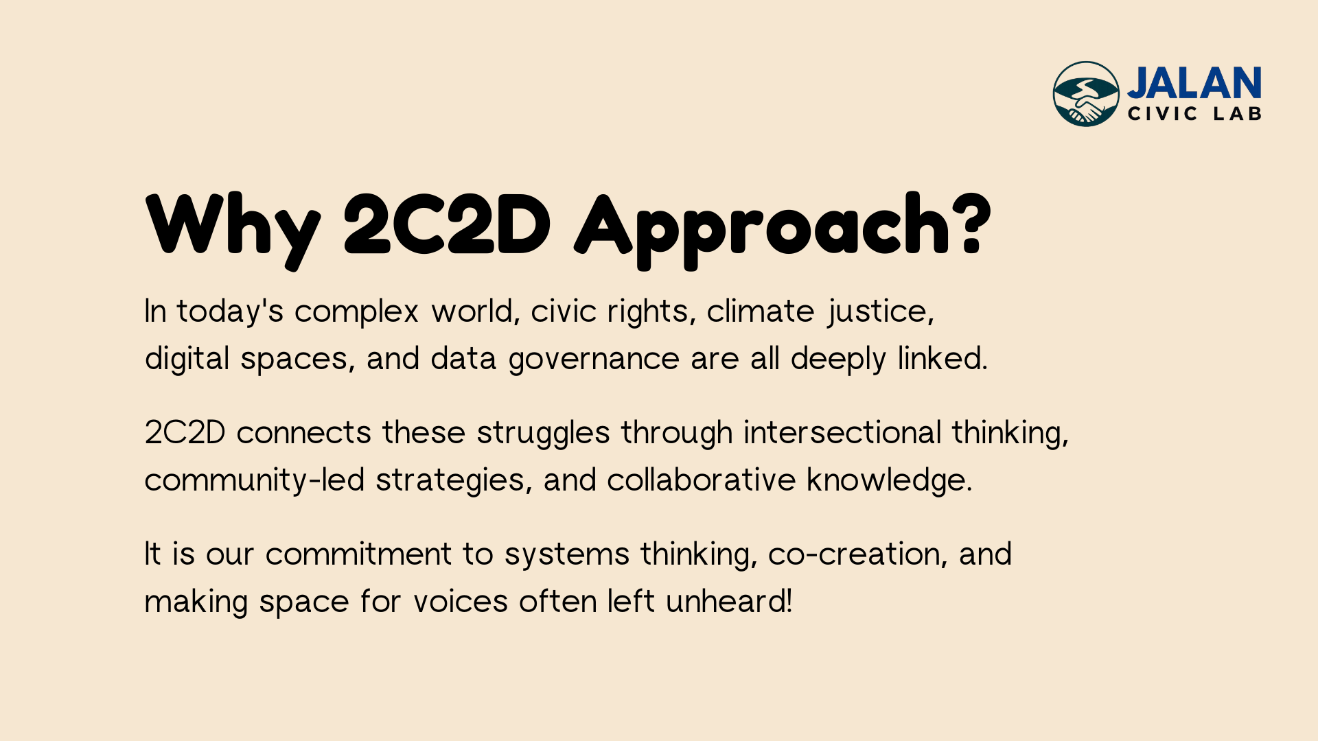 Information slide titled 'Why 2C2D Approach?' with text about the interconnectedness of civic rights, climate justice, digital spaces, and data governance. Contains a logo for JALAN Civic Lab in the upper right corner.