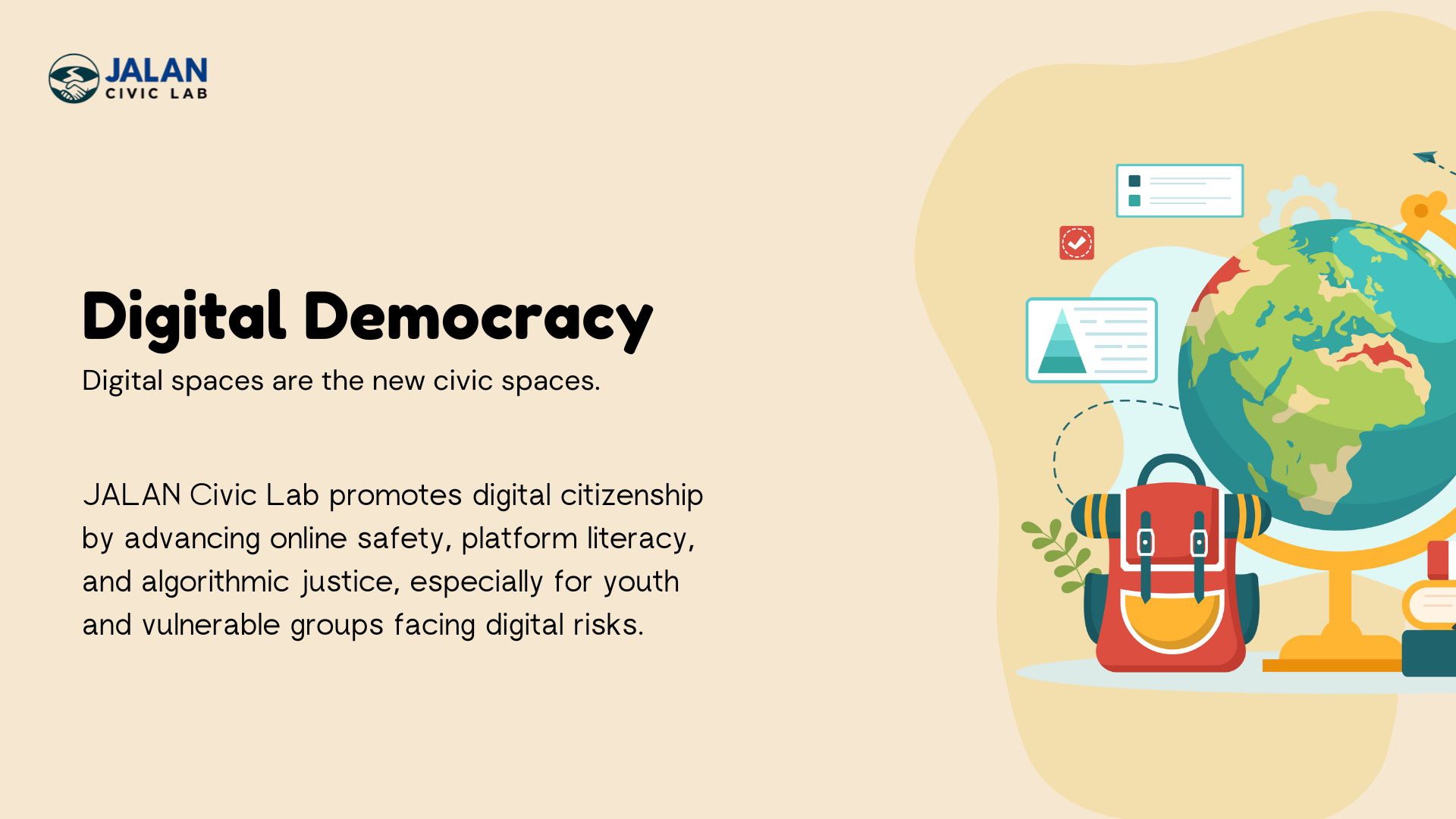 A promotional graphic for JALAN Civic Lab discussing digital democracy, featuring a globe, backpack, books, charts, and icons representing online safety and platform literacy.