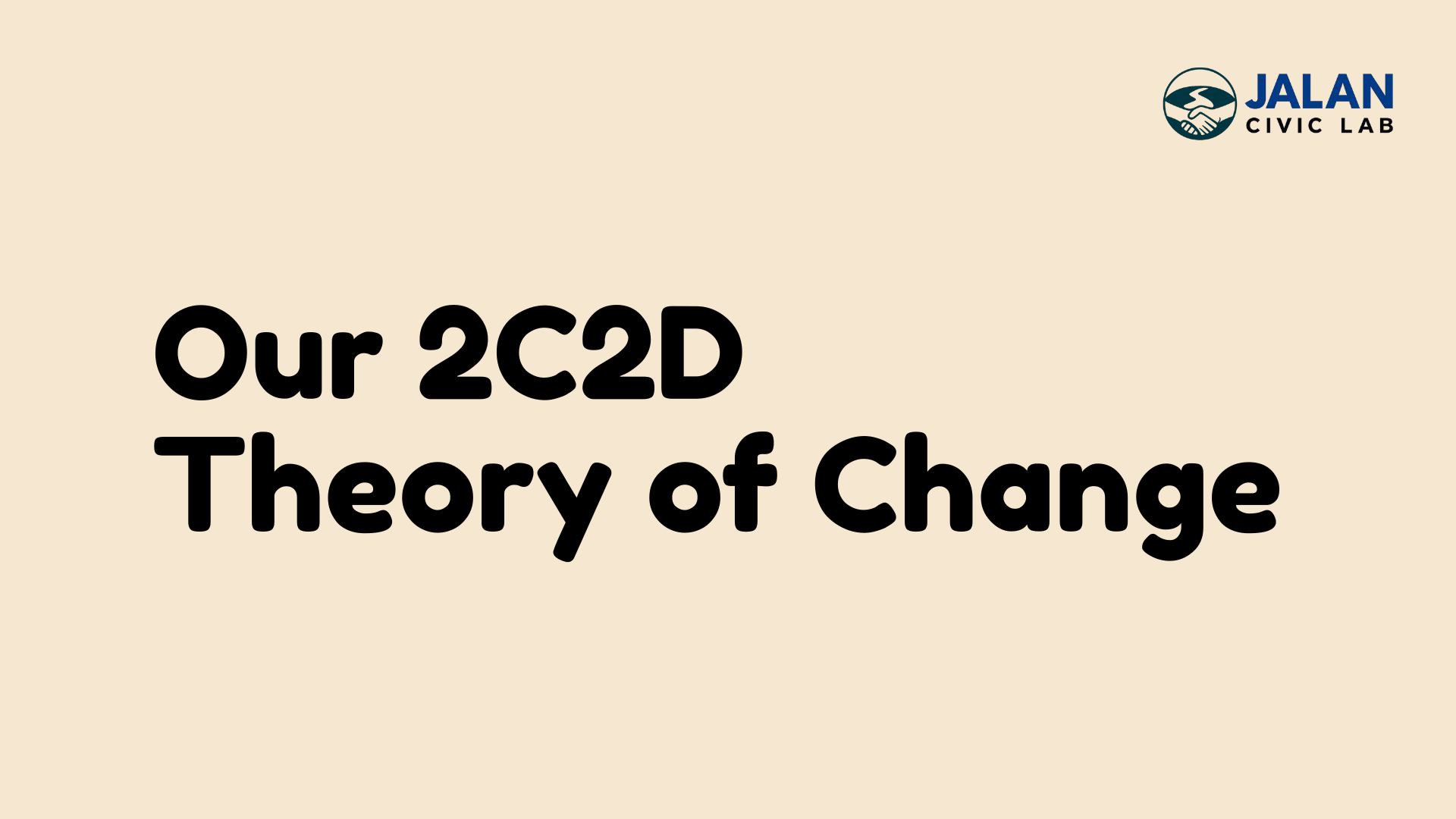 Text that says 'Our 2c2D Theory of Change' with the JALAN Civic Lab logo in the top right corner.